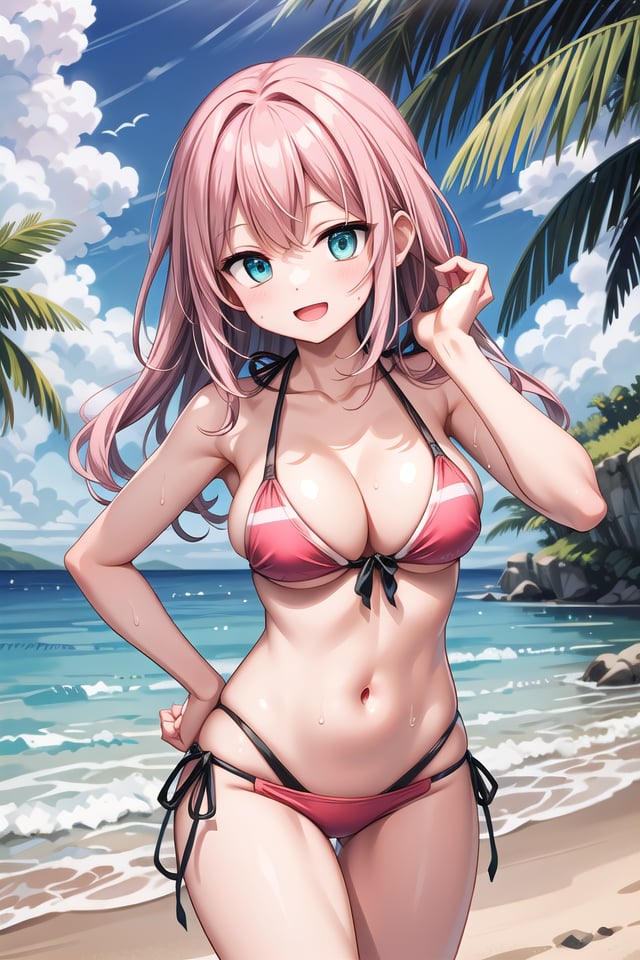 insanely detailed, absurdres, ultra-highres, ultra-detailed, best quality,1girl, solo, nice hands, perfect handsBREAK(pastel colored bikini:1.3)BREAKhappy smile, laugh, open mouth,standing, hand on own hip, tilt head, cowboy shotBREAKslender, kawaii, perfect symmetrical face, ultra cute girl, ultra cute face, ultra detailed eyes, ultra detailed hair, ultra cute, ultra beautifulBREAKat seashore, coast, beach, tropical, sky, blue oceanBREAK(medium large breasts, cleavage:1.3), wet shiny skin, sweat on bodyBREAK(pink medium long hair:1.2), emerald green eyes