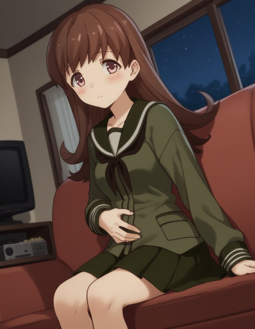 score_9, score_8_up, score_7_up, source_anime, <lora:kacolle-ooi-s1-ponyxl-lora-nochekaiser:1>, ooi, long hair, brown hair, brown eyes, ooi (kancolle), skirt, school uniform, pleated skirt, serafuku,, living room, television, couch, popcorn, watching movie, night time, sitting,, , looking at viewer, hand on stomach, blush,, solo,, cowboy shot, dutch angle