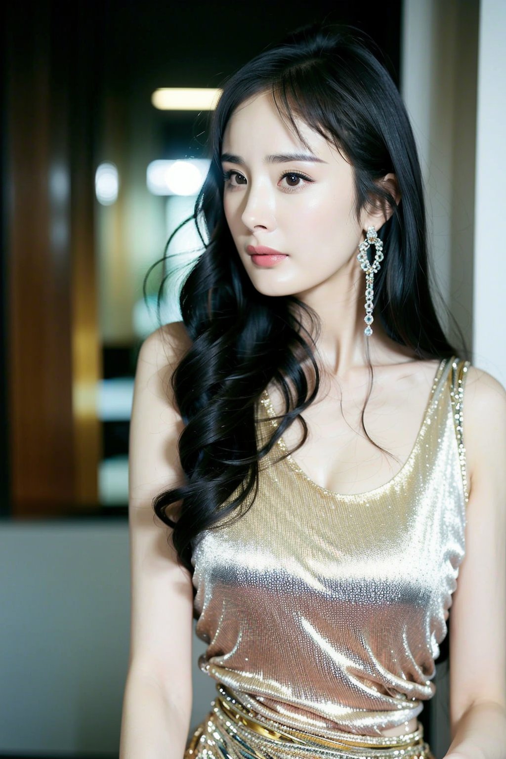 masterpiece,huge filesize,best quality,1girl,Cinematic Lighting,fantasy,real skin,black hair,Immortal picture,otherworldly,earrings,art,random clothes,solo,upper body,clean,beautiful face,pure face,face_focus,<lora:yangmi1-000008:1>,