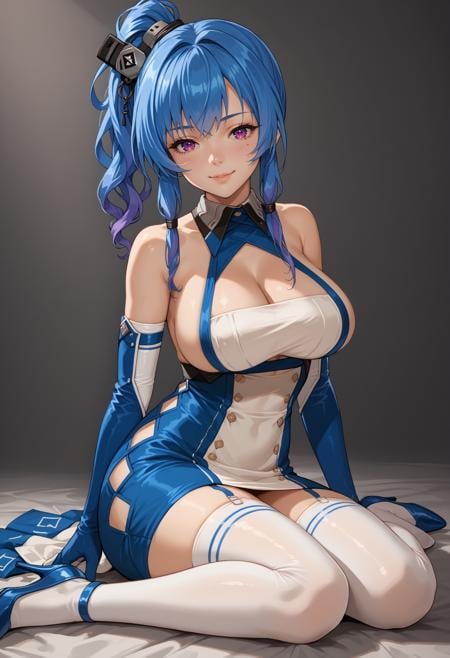 score_9, score_8_up,  score_7_up, source_anime, mlslbs, ahoge, white dress, halter, blue trim, clothing cut out, cleavage cutout, argyle cutout, double brested, buttons, garter straps, stockings, hair ornament, side ponytail, blue hair, purple eyes, elbow gloves, bare shoulders, collared dress, short dress,  high heels, taut dress, two-tone dress, sidelocks,  <lora:stlouis-pdxl-base:1>, (large breasts:2), seductive smile