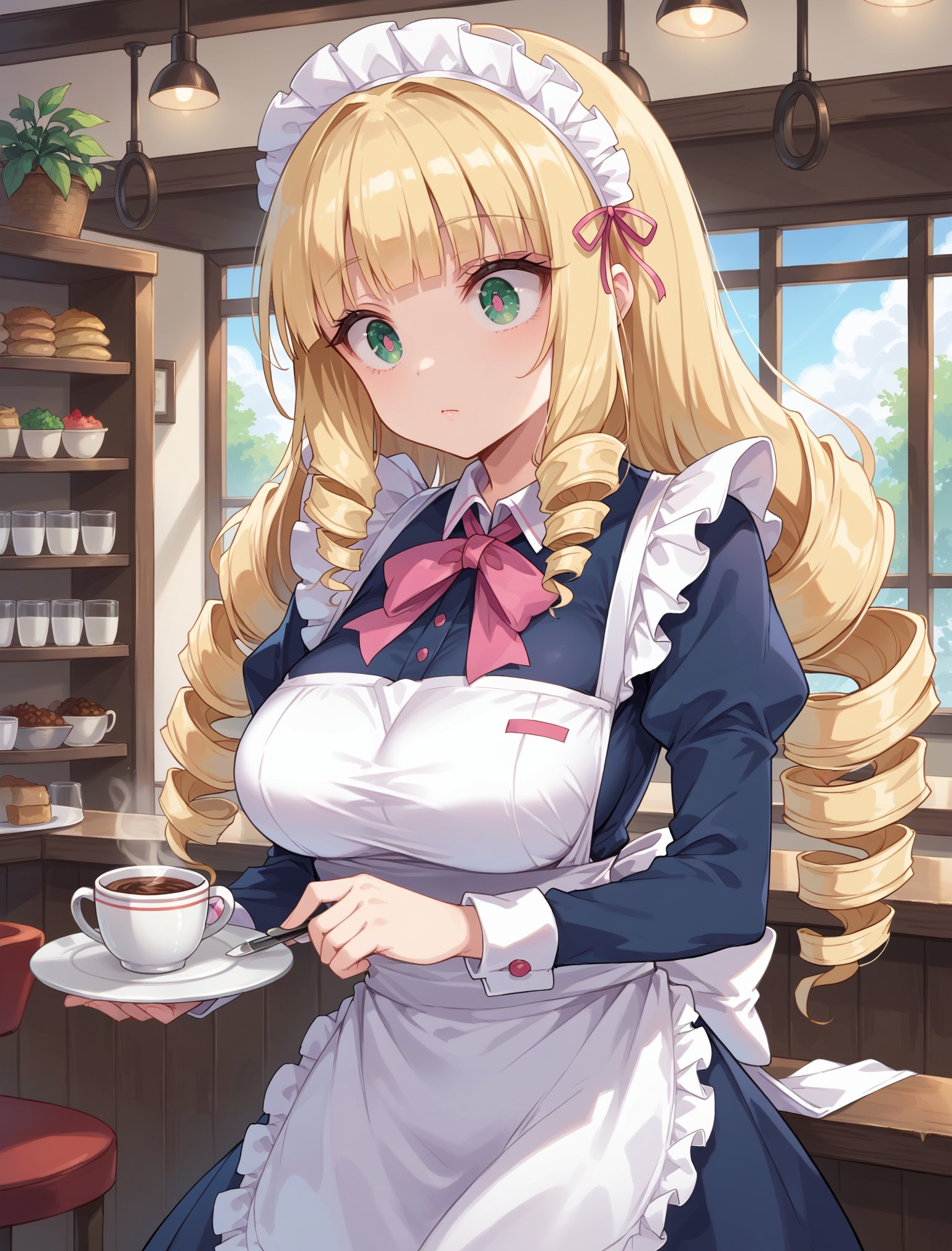 score_9,score_8_up,score_7_up,1girl,(blue waitress's uniform:1.4),(drill hair:1.5),((pink maid headdress)),((white apron)),blonde hair,long hair,blunt bangs,ultra-detailed face,beautiful detailed eyes,((wide-eyed)),green eyes,large breasts,(cute eyes:1.4),expressionless,solo,cowboy shot,cafe,coffee,