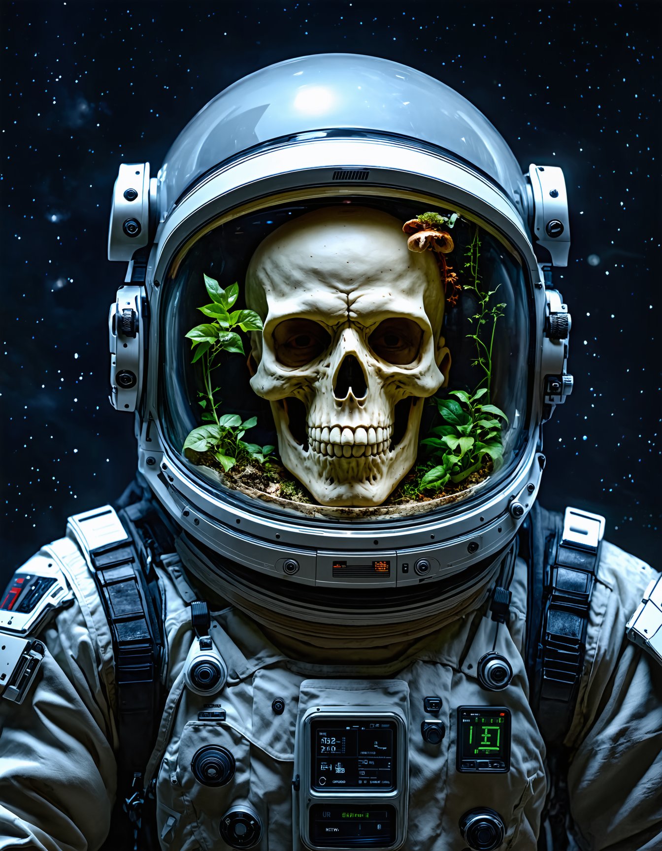 Ultra-detailed, highly realistic, astronaut with skeletal face, intricate textures, and realistic lighting, plants and fungi growing inside the helmet, space suit with detailed fabric and mechanical parts, clear glass helmet with reflections, dark space background with stars, eerie and surreal atmosphere, science fiction, high resolution, modern_style_boost_v1_slider_sd3m.safetensors