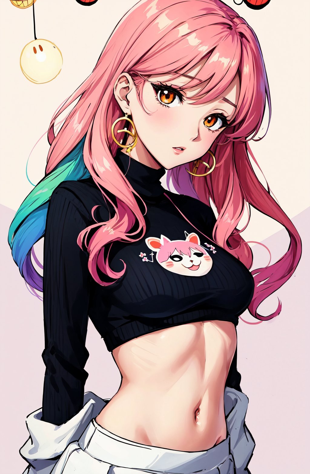 anime absurdres illustration, drawing, (lineart:0.6), rainbowart\(ttp\) ,<lora:Rainbowart_V1_loha:1>, cropped sweater, midriff, sweater, 1girl, detailed face, hanging laterns, illustrated