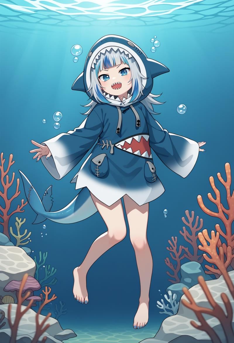 score_9, score_8_up, score_7_up, source_anime, ggdef, shark girl, blue eyes, blue hair, grey hair, multicolored hair, streaked hair, blunt bangs, sharp teeth, nail polish, blue nails, shark tail, fins, shark hood, hood up, long sleeves, wide sleeves, sleeves past wrists, drawstring, shark costume, underwater, swimming, bubbles, coral<lora:GawrGuraPonyXLv6-20:1>