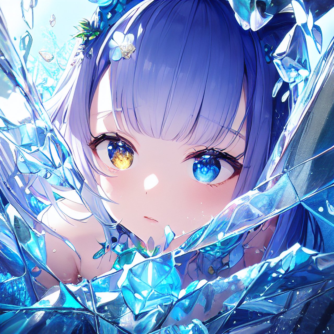 8k Wallpaper,grand,(((masterpiece))), (((best quality))), ((ultra-detailed)), (illustration), ((an extremely delicate and beautiful)),dynamic angle,rainbow hair,detailed cute anime face,((loli)),(((masterpiece))),an extremely delicate and beautiful girl,flower,cry,water,corrugated,flowers tire,broken glass,(broken screen),atlantis,transparent glass