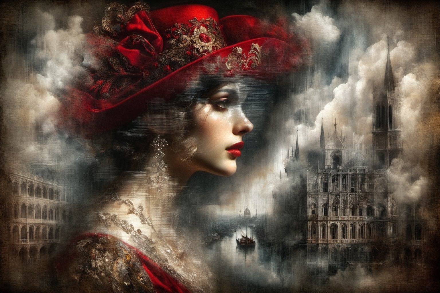 Double Exposure: portrait oil painting, of a ((transparent woman with a double exposure city in her head)), we see the double exposure on her face and the city backdrop, elaborate red hat, in renaissance attire city backdrop, 3/4 profile view, sumptuous cloud fabrics, detailed embroidery, moody chiaroscuro lighting, high-resolution
