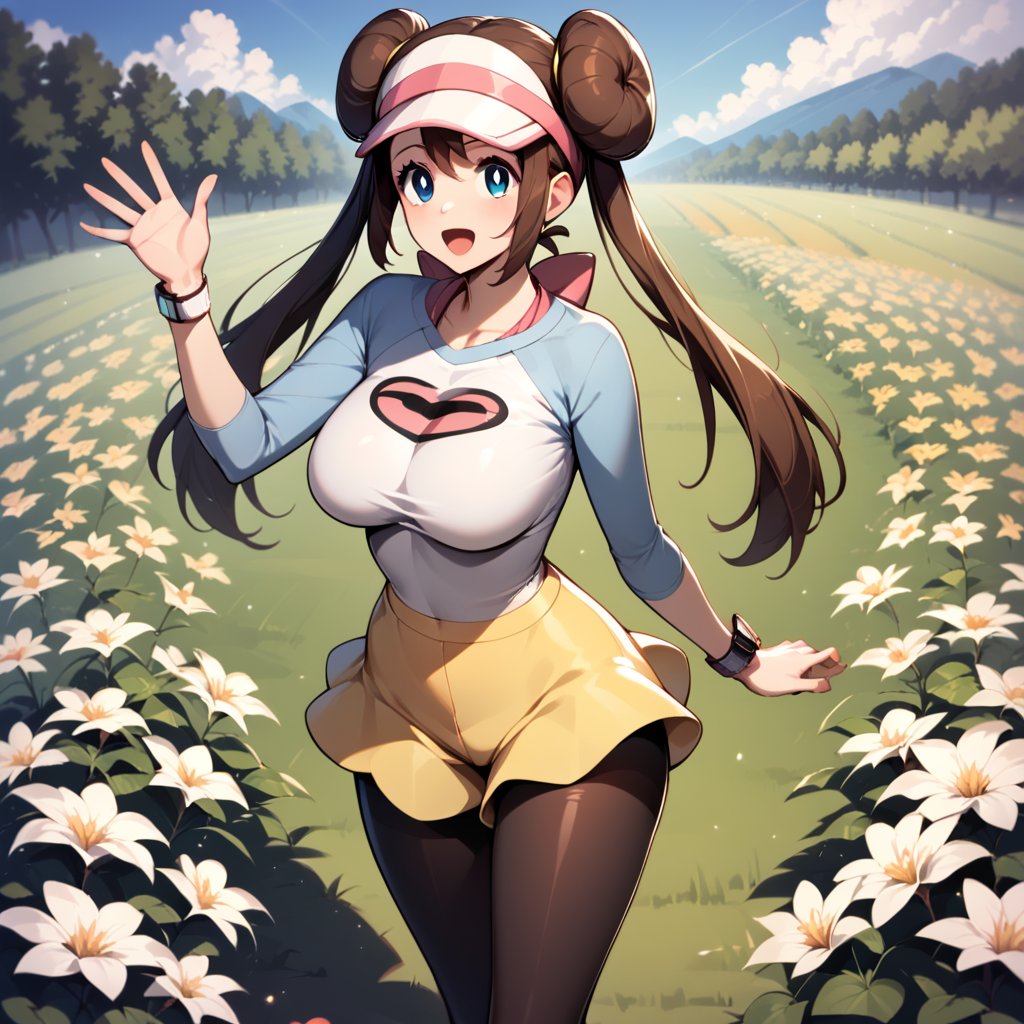 score_9, score_8_up, score_7_up, score_6_up, score_5_up, score_4_up, BREAK, source_anime, <lora:princess_xl_v2:0.5>  full body, standing, waving, flower field,  <lora:Rosa_Pokemon-000002:1>hair bun, blue eyes, twintails, long hair, large breasts, visor cap, pantyhose, raglan sleeves, yellow shorts, shirt,   