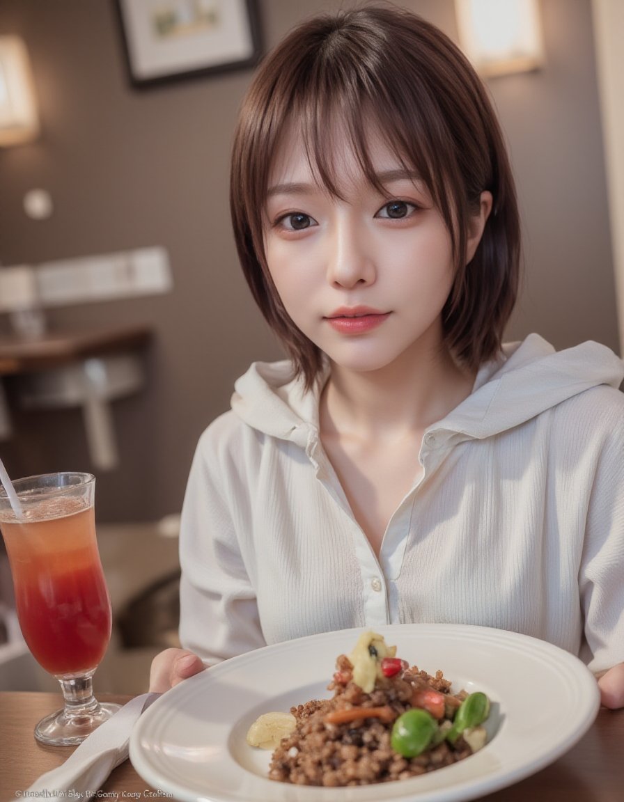 realistic photo of Asian woman, young woman, young, teenager, 18yo,"A young woman with a radiant smile enjoys a delicious meal at a trendy cafe. Soft, natural light illuminates her face, highlighting her flawless makeup and stylish outfit. The table is adorned with a beautifully plated dish and a vibrant drink, creating a visually appealing composition. The background features a blurred bokeh effect, focusing the attention on the woman and her joyful expression." <lora:MikasFlux002FG:1.0> mikas, short hair, [:"Soft and gentle smile, with lips slightly parted but not revealing much of her teeth, radiating a hint of playfulness and shyness. Her eyes are squinted and dewy, reflecting a subtle sensuality. Her cheeks are flushed with a delicate shade of pink, portraying a look that is neutral yet brimming with a quiet allure.":0.3]