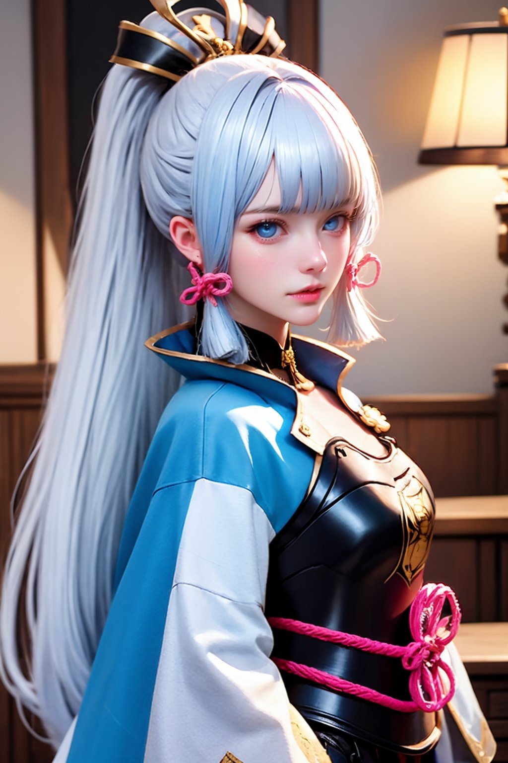 1girl, kamisato ayaka, solo, blue eyes, long hair, looking at viewer, ponytail, armor, blunt bangs, ribbon, hair ribbon, lips, white hair, tress ribbon, from side, breastplate, sidelocks, hair ornament, jacket, realistic, pink ribbon, upper body, nose, closed mouth, armored dress, blue jacket, japanese armor, long sleeves, blue hair, mole, mole under eye, blue capelet, high ponytail, looking to the side, arm guards, light blue hair, indoors