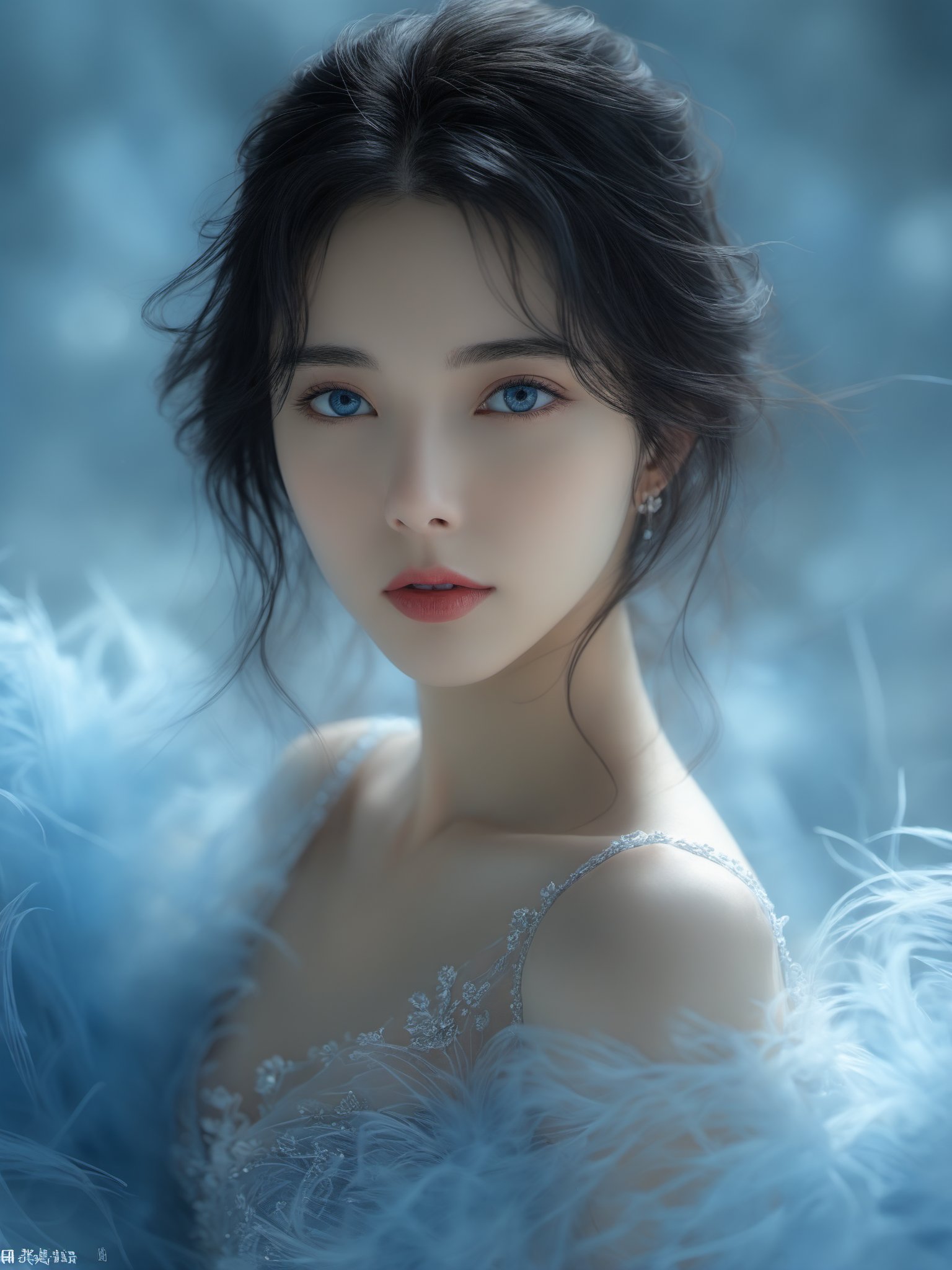 anan, 1girl, solo, black hair, looking at viewer, realistic, parted lips, blue eyes, dress, long hair, blurry