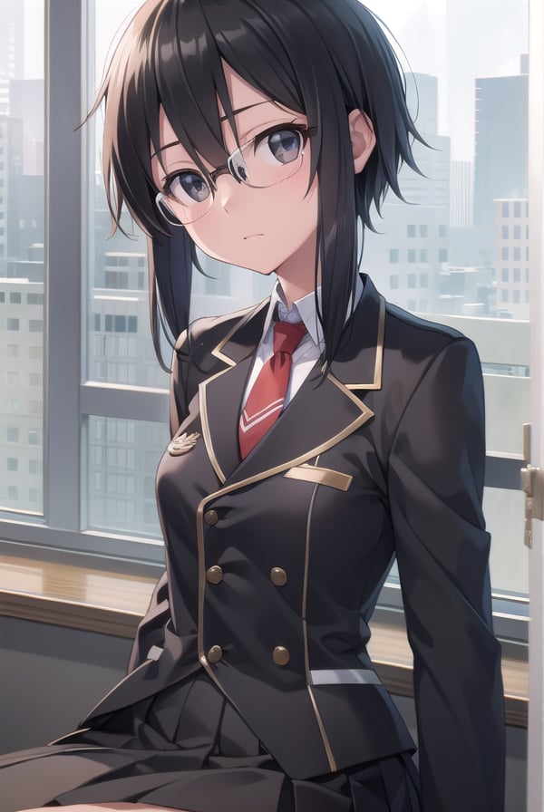 shinoasada, <lora:shinoasada-lora-nochekaiser:1>, shino asada, (black eyes:1.5), black hair, hair between eyes, hair ribbon, short hair, sidelocks, glasses, (small breast:1.2),BREAK blazer, black jacket, black skirt, jacket, necktie, pleated skirt, red necktie, ribbon, school uniform, skirt, tress ribbon,BREAK looking at viewer,BREAK indoors, classroom,BREAK <lyco:GoodHands-beta2:1>, (masterpiece:1.2), best quality, high resolution, unity 8k wallpaper, (illustration:0.8), (beautiful detailed eyes:1.6), extremely detailed face, perfect lighting, extremely detailed CG, (perfect hands, perfect anatomy),