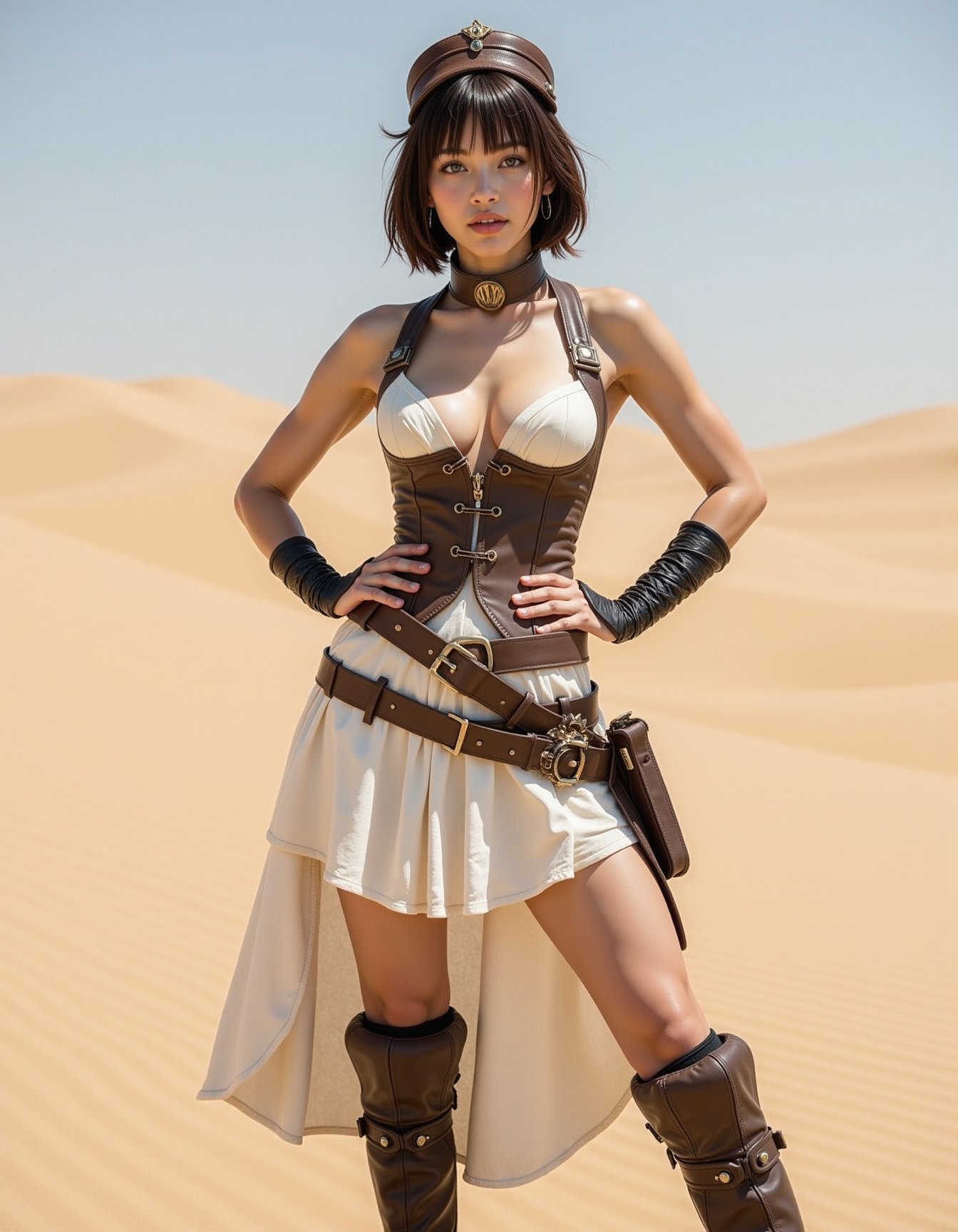 asian beauty, a woman in a steampunk outfit standing in the desert, with sand beneath her feet. She is wearing a white and brown dress with hands on the hips and looking to the viewer. <lora:lora-asian-beauty-flux:1>