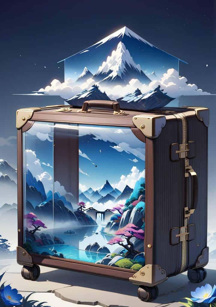 (Boutique, Boutique, Premium, Official Art, Aesthetics and Aesthetics: 1.2), (Transparent Luggage: 1.2), Fill the Whole Landscape World, Micro Landscape, Chinese Three Dimensional Landscape Painting, Zen Aesthetics, Zen Composition, Chinese Architecture Complex, Sparkling Mountains, High Mountains, Cloud and Mist Cage, Blue Theme, Surrealism Style, Organic Fluid, Ray Tracing, Colorful Flowers, Natural Light, Jungle, c4d, OC Rendering,