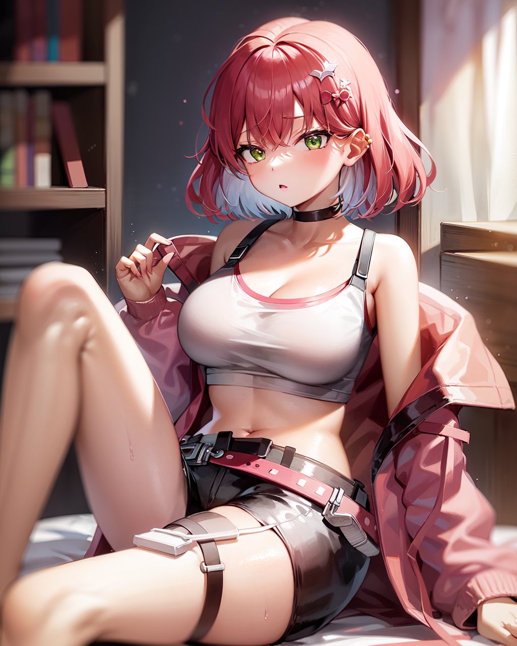 1girl, kisikilslf1, pink hair, green eyes, short hair, large breasts,white tank top, midriff, shorts, pink belt, asymmetrical legwear, oversized pink jacket,indoors, bedroom,<lora:kisikilv2-000006:0.8>