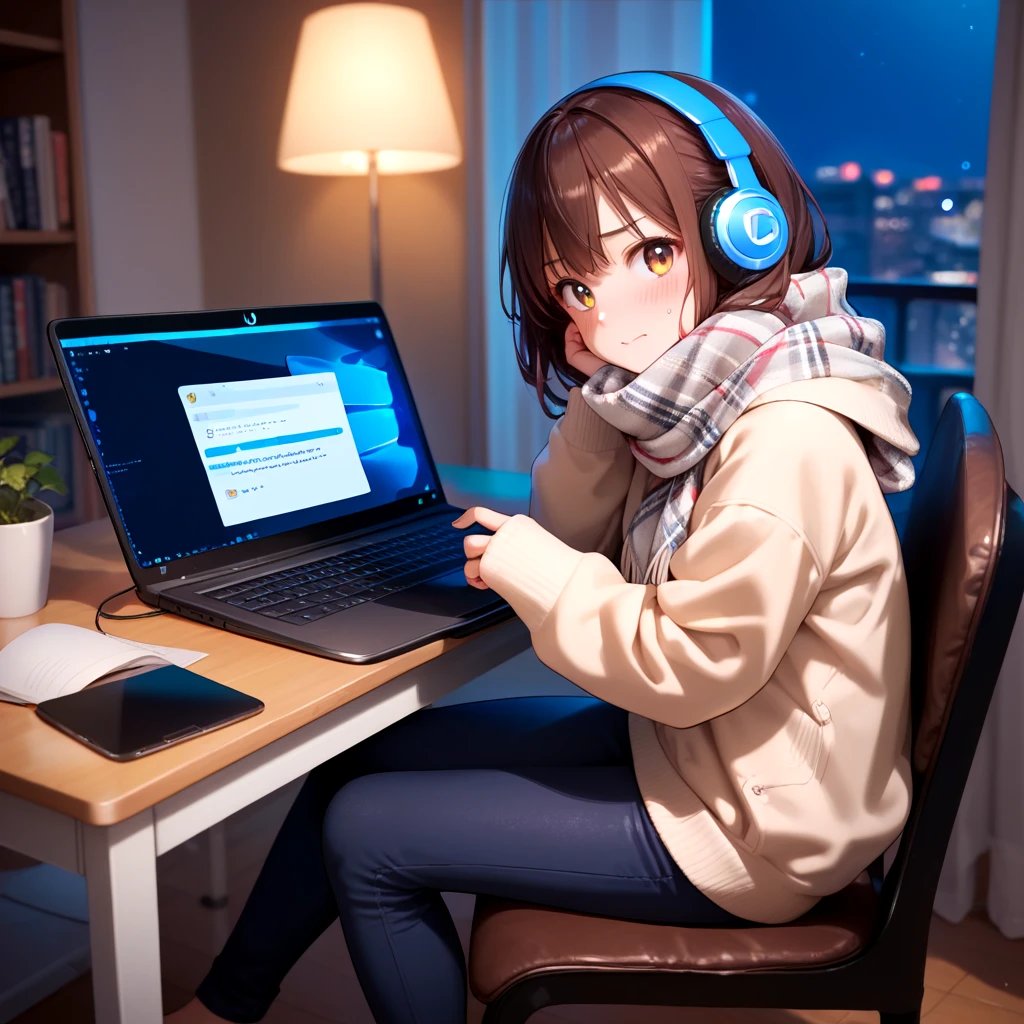 score_9, score_8_up, score_7_up, source_anime, 1girl, lfg, sweater, scarf, pants, headphones, chair, sitting, caught, embarrassed, laptop, desk, from side, looking at viewer, night, detailed keyboad