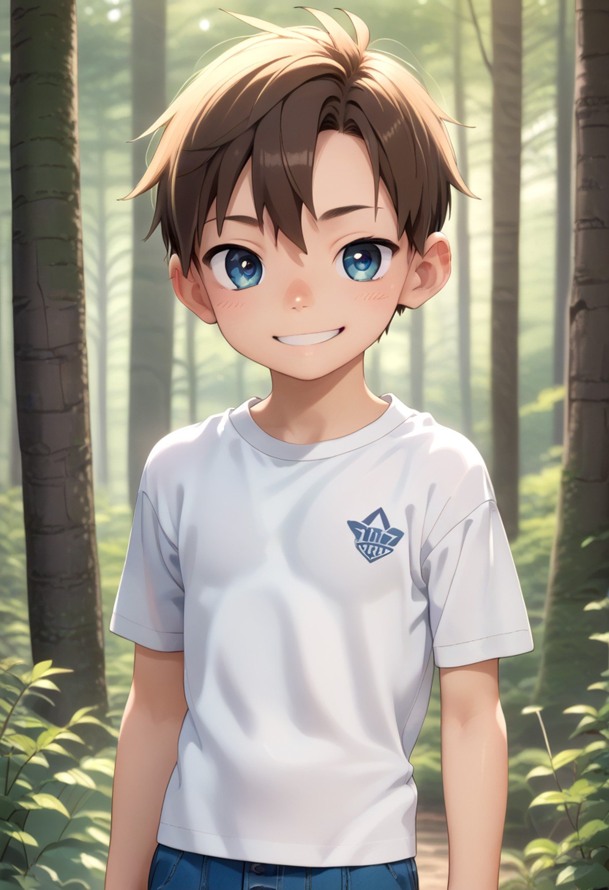 score_9, score_8_up, score_7_up, detailed eyes, forest, BREAKstraight on shot, standing,  <lora:PerfectEyesXL:0.8> perfecteyes, <lora:cutifiedanimecharacterdesign_variant_type_D_PonyXL_v10:0.8> 1boy, type-d,brown hair, shirt,  petite, young, smile || bright smile,full shot,bagpack