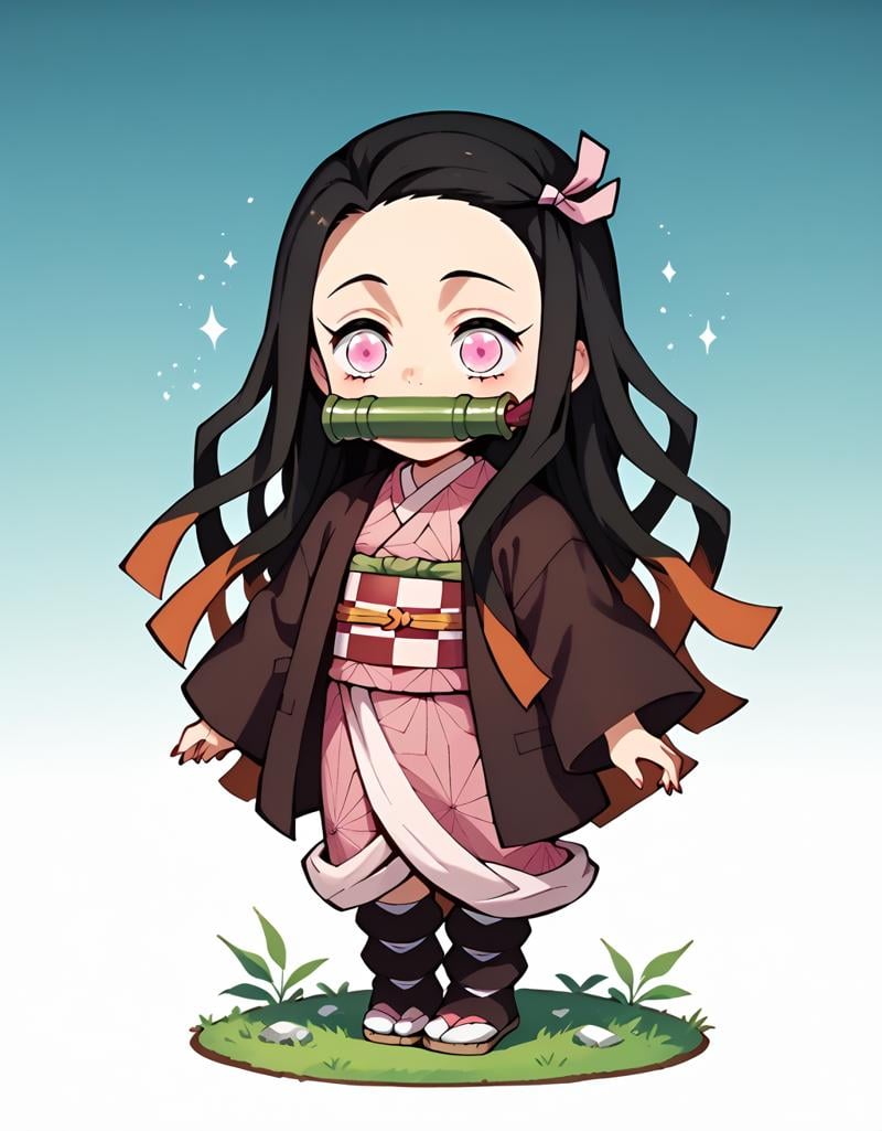 <lora:NezukoKamadopony-10:1>NezukoChibi, chibi, kamado nezuko, 1girl, long hair,  black hair,  haori, pink kimono, checkered sash,  obi, wide sleeves, long sleeves, bamboo, bit gag,, score_9, score_8_up, score_7_up, score_6_up, score_5_up, score_4_up,