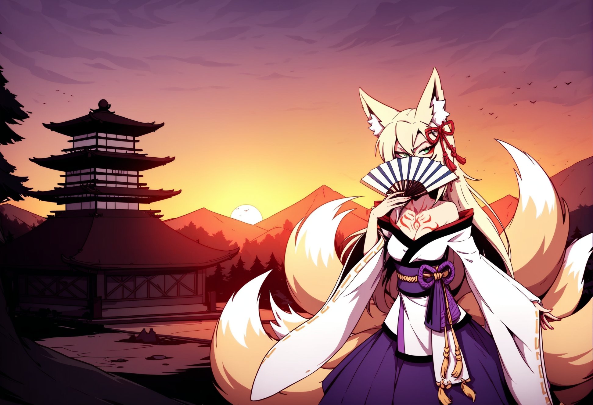 by kate fox , masterpiece,  best quality,1girl, tamamo \(mon-musu quest!\), fox girl, kitsune, fox ears, multiple tails, green eyes, blonde hair, hair ornament, chest tattoo, japanese clothes, off shoulders, collarbone, purple skirt, hip vents, detached sleeves,smug, holding hand fan, (covering face with hand fan:0.9),outdoors, japanese temple, pagoda, wide shot of epic landscape, sunset, dusk,