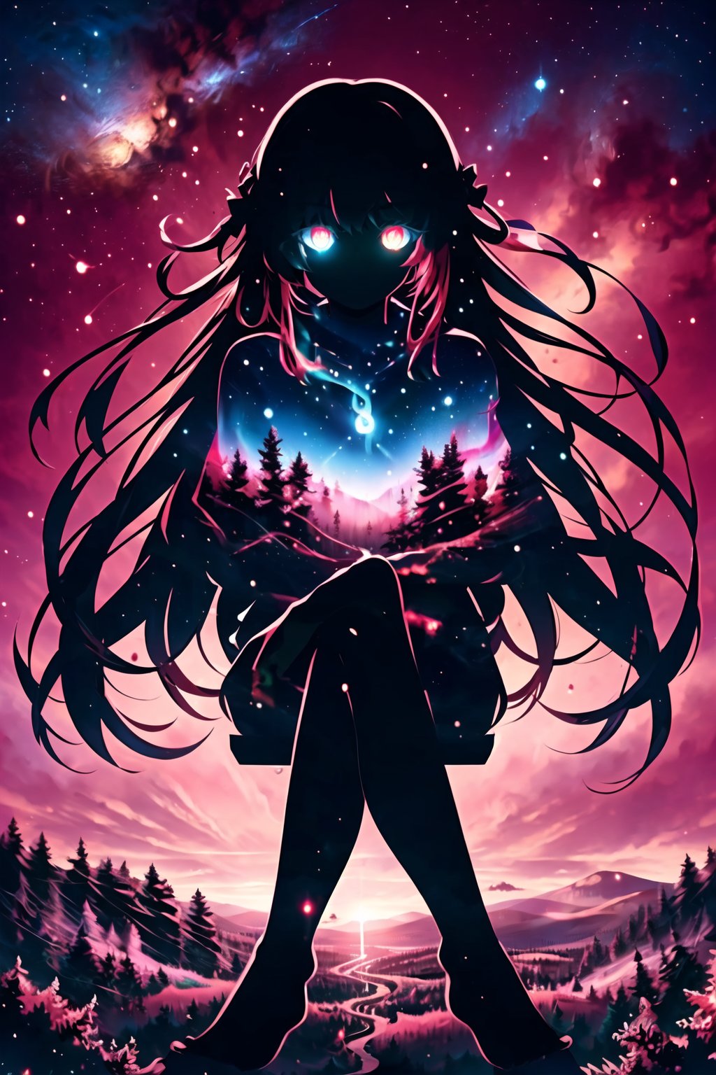 masterpiece, best quality, (silhouette:1.1), long hair, glowing eyes, forest, star (sky), pov, red background, (crossed legs:1.3), <lora:silhouette-000012:0.8> 