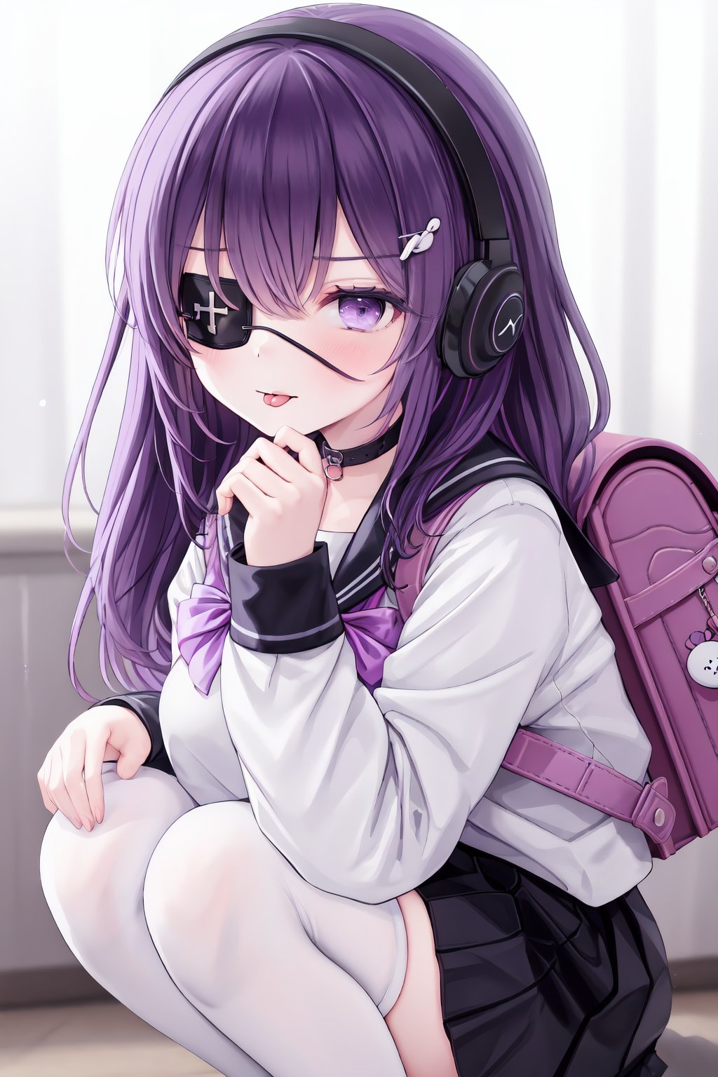 1girl,eyepatch,solo,backpack,thighhighs,skirt,headphones,bag,white thighhighs,hair ornament,purple hair,squatting,long hair,bangs,long sleeves,black skirt,school uniform,looking at viewer,shirt,purple eyes,tongue out,tongue,white shirt,serafuku,sailor collar,randoseru,hairclip,choker,pleated skirt,bow,hair between eyes,blush,yunmi style,sf5etf98,s6f8ey8vsdj,dr6g8cvwo,s5fr8gt,a35veo8vsdo,c6gw9oyh,c6s9eo5j,