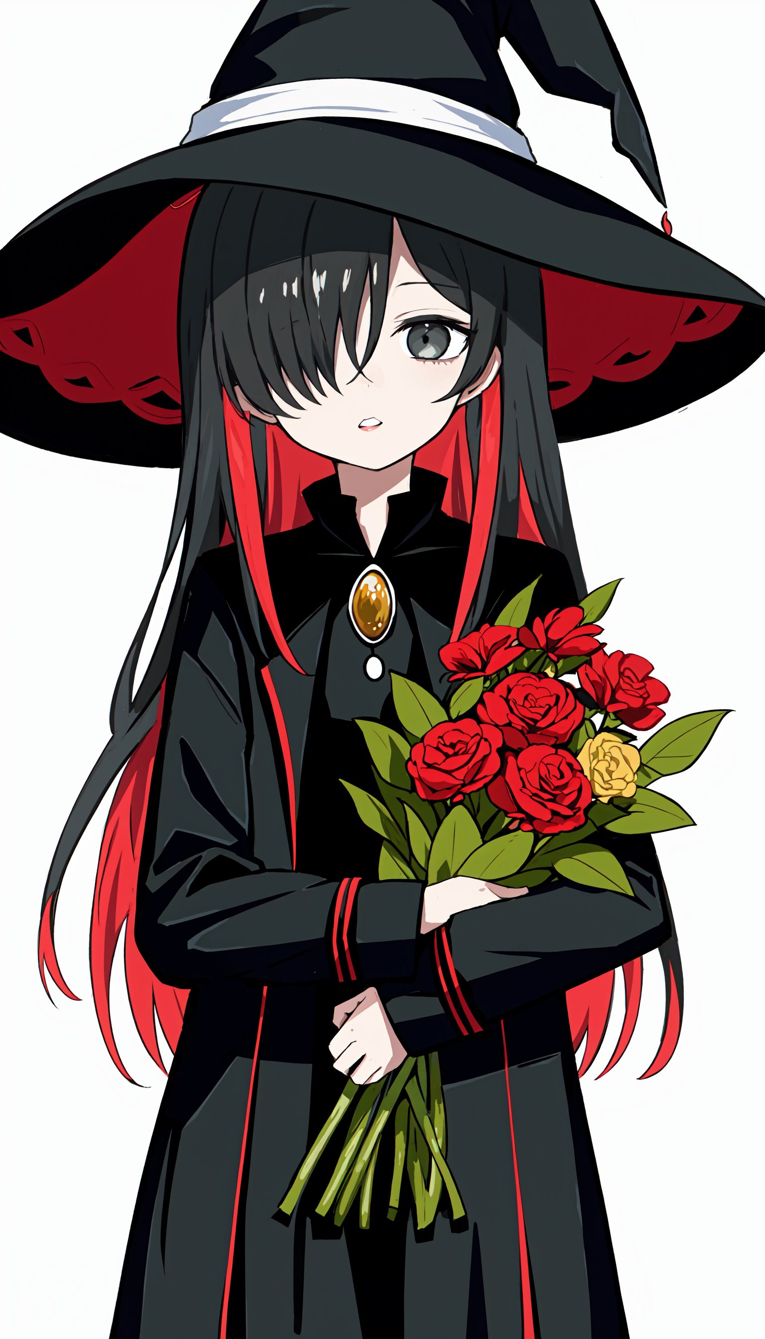 1girl, solo, hat, witch hat, flower, holding, long hair, hair over one eye, holding bouquet, bouquet, grey eyes, simple background, white background, black dress, multicolored hair, dress, red hair, long sleeves, black headwear, coat, parted lips, white hair