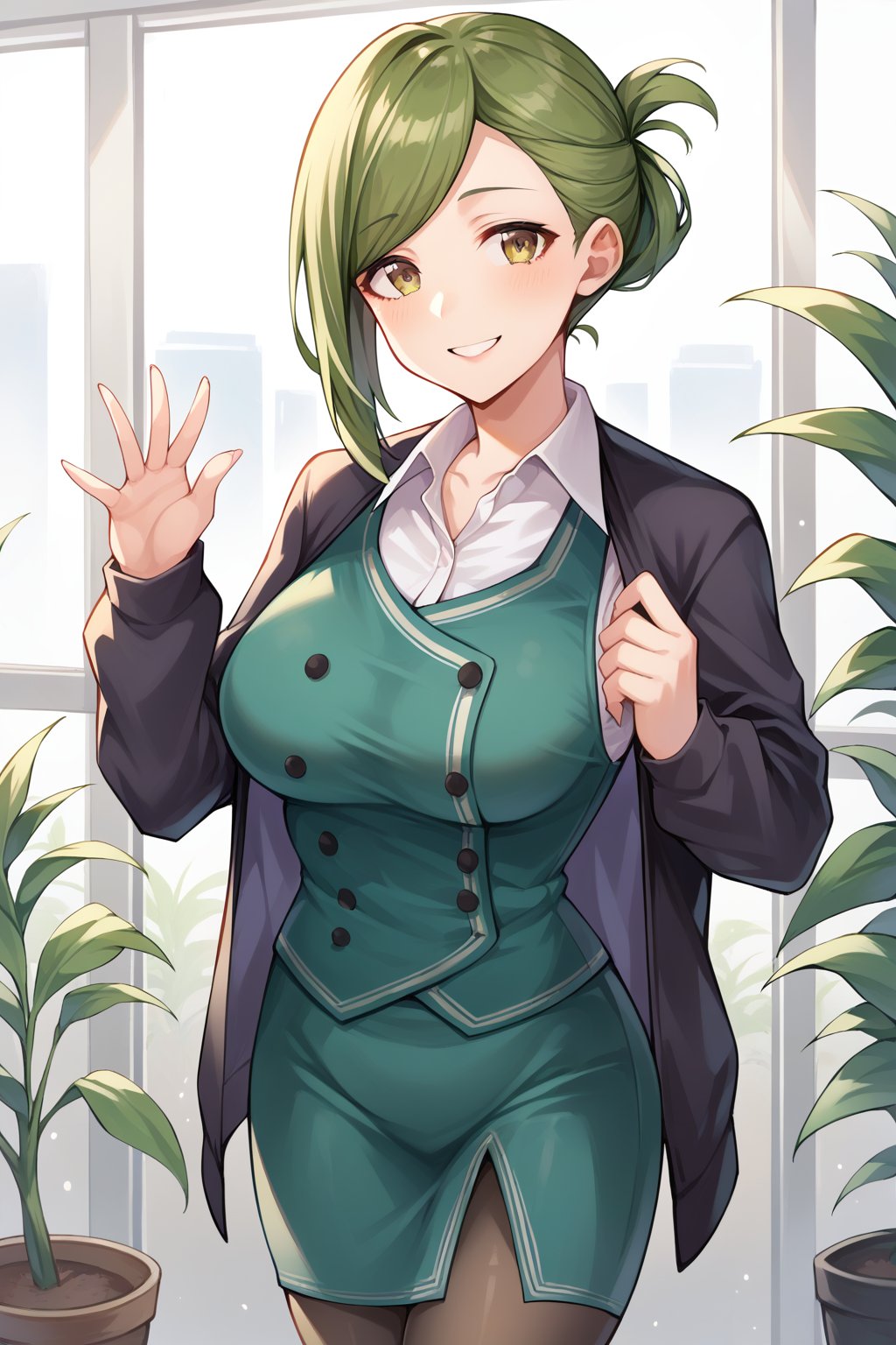 score_9, score_8_up, score_7_up, source_anime, green hair, folded ponytail, swept bangs, green eyes, large breasts, office lady, black jacket, open jacket, cardigan, open cardigan, white shirt, collared shirt, vest, green vest, green skirt, pencil skirt, black pantyhose, looking at viewer, smile, cowboy shot, office, <lora:nanakusa_hazuki_XL:0.9>