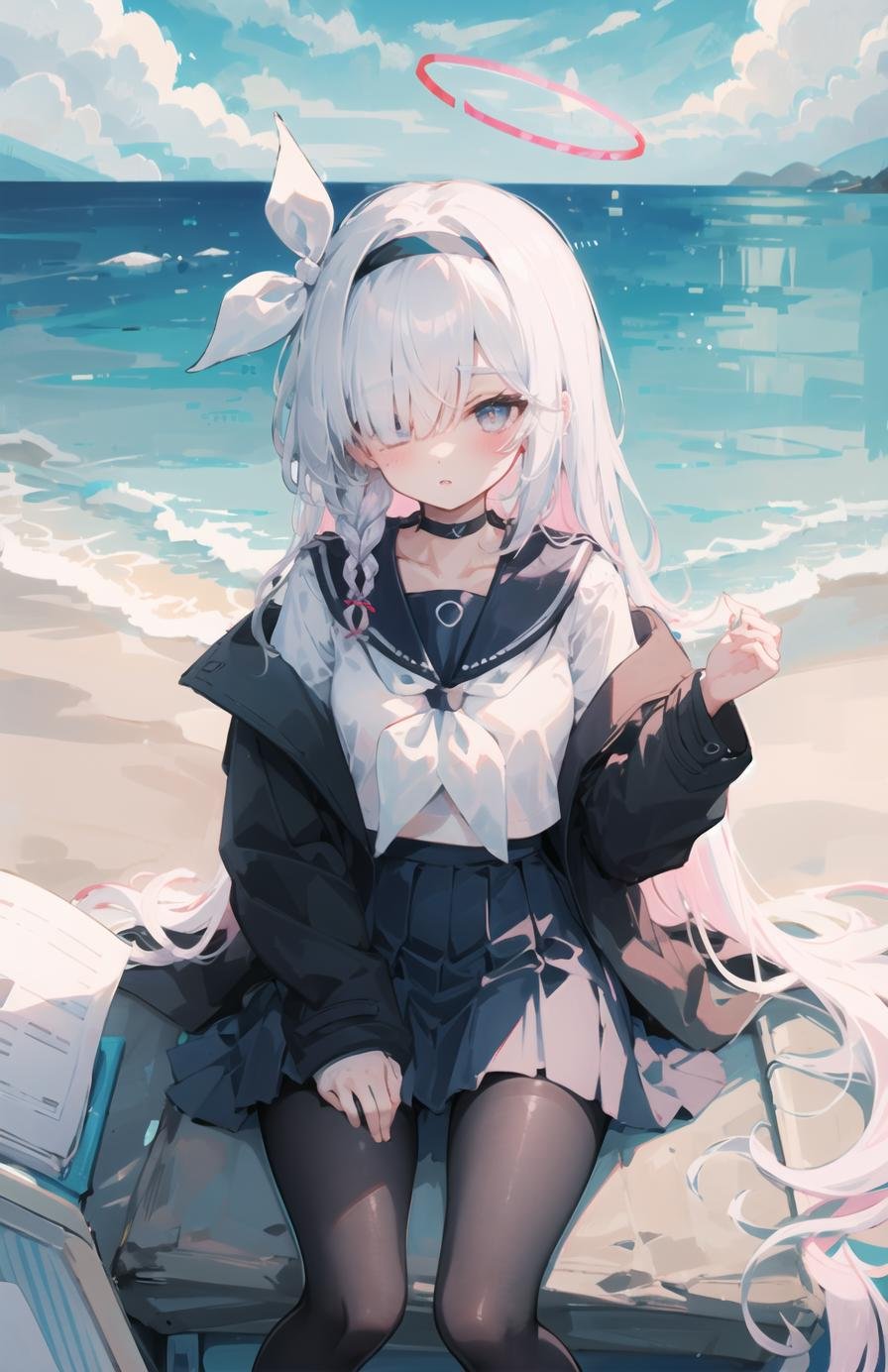 ((masterpiece,best quality)),1girl,solo,arona \(blue archive\),hair over one eye,hairband, halo, black choker, choker, school uniform, braid, long hair, serafuku, white hair, sailor collar, pleated skirt,bangs, ribbon, long sleeves, neckerchief, collarbone,black hairband, white neckerchief,black skirt, hair ribbon, jacket, single braid, bow,pantyhose, black pantyhose,no shoes,parted lips, blush,<lora:plana:1>,,