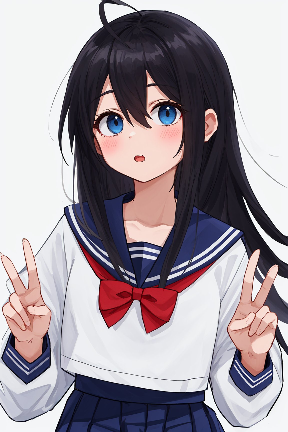 1girl, solo, black hair, long hair, bangs, hair between eyes, eyebrows visible through hair, looking at viewer, white shirt, serafuku, red bow, red bowtie, blue sailor collar, sailor collar, bowtie, long sleeves, blue skirt, pleated skirt, simple backgroundbest quality, amazing quality, very aesthetic, absurdres