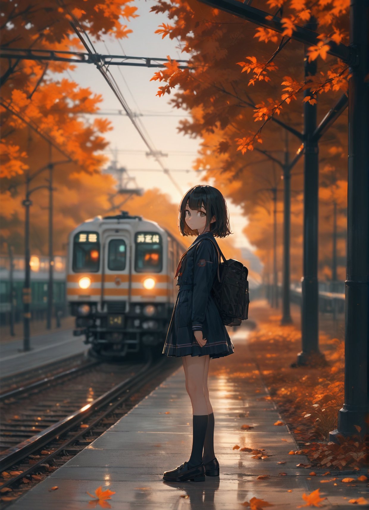 score_9,score_8_up,score_7_up,1girl,solo,autumn leaves,socks,black hair,shoes,bag,looking at viewer,black socks,school uniform,standing,train station,railroad tracks,skirt,ground vehicle,outdoors,blurry,train,autumn,bangs,long sleeves,loafers,kneehighs,black footwear,pleated skirt,full body,serafuku,depth of field,from side,leaf,looking to the side,short hair,closed mouth,backpack,reflection,maple leaf,