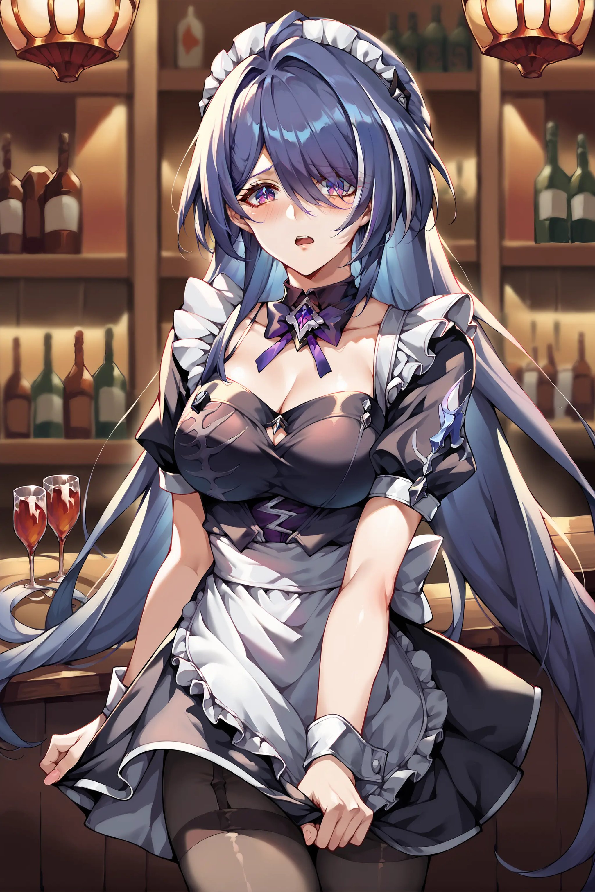 score_9, score_8_up, score_7_up, 1girl, acheron \(honkai: star rail\), solo, maid, maid headdress, maid apron, embarrassed, pantyhose, open mouth, blush, parted lips, looking at viewer, cowboy shot, bar \(place\), indoors, depth of field <lora:Char-HonkaiSR-Acheron-Pony-V1:0.9>  <lora:urushihara-lora04_PonyXL:0.7>