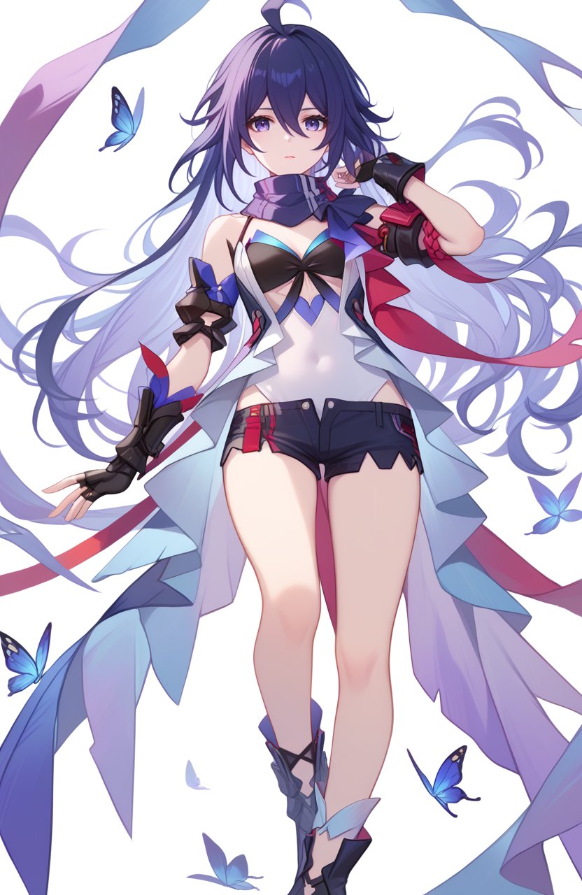 <lora:星铁希儿2pony:1>,seele (honkai: star rail),a girl named seele (honkai: star rail),1girl,solo,looking at viewer,bare shoulders,purple scarf,black shorts,covered navel,short shorts,black gloves,detached sleeves,fingerless gloves,black footwear,scarf,butterfly,, (score_9,score_8_up,score_7_up),(masterpiece,best quality,high quality:1.2),absurdres, prefect lighting, very aesthetic, anime BREAK