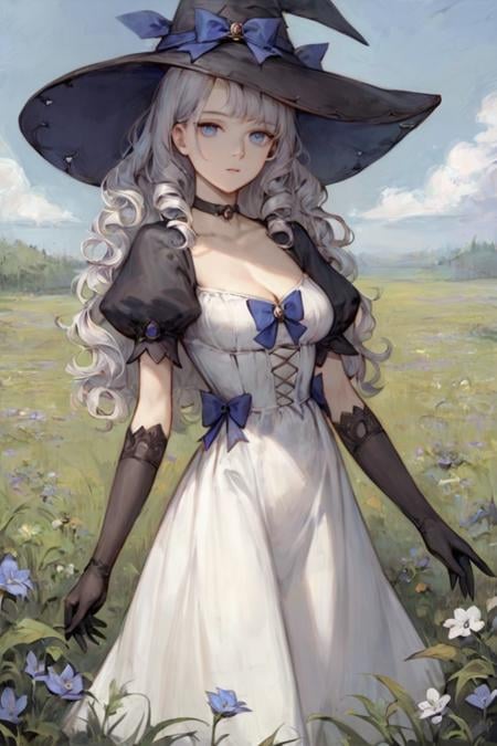 score_9, score_8_up, score_7_up, 1girl, witch hat, hat, solo, long hair, flower, dress, choker, puffy sleeves, looking at viewer, grass, white dress, bow, hat bow, white hair, black choker, plant, outdoors, blue eyes, purple eyes, black headwear, bangs, long sleeves, gloves, witch, blue bow, wavy hair, short sleeves, puffy short sleeves, elbow gloves, black gloves, standing, field, grey hair, sky, purple bow, breasts, curly hair, parted lips, expressionless, cowboy shot, closed mouth, leaf <lora:Cold Oil Gothic Style SDXL_LoRA_Pony Diffusion V6 XL:1>