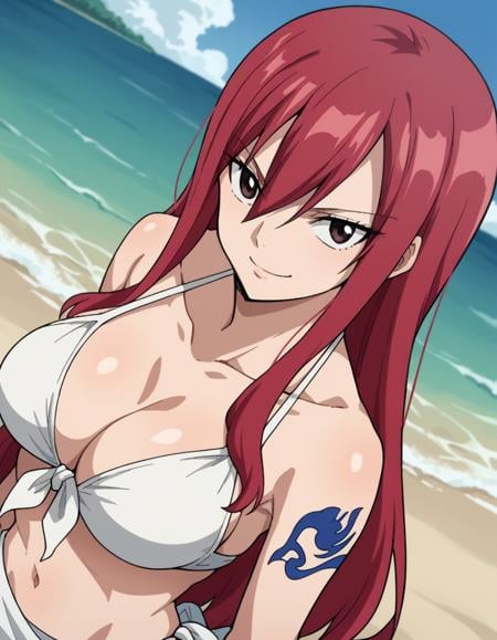 score_9, score_8_up, score_7_up, source_anime,erzascarlet, <lora:erza-scarlet-ponyxl-lora-nochekaiser:1>erza scarlet, long hair, red hair, hair between eyes, brown eyes,navel, swimsuit, bikini, tattoo, white bikini, sarong,outdoors, beach, partially submerged, smile,looking at viewer, dutch angle, cowboy shot