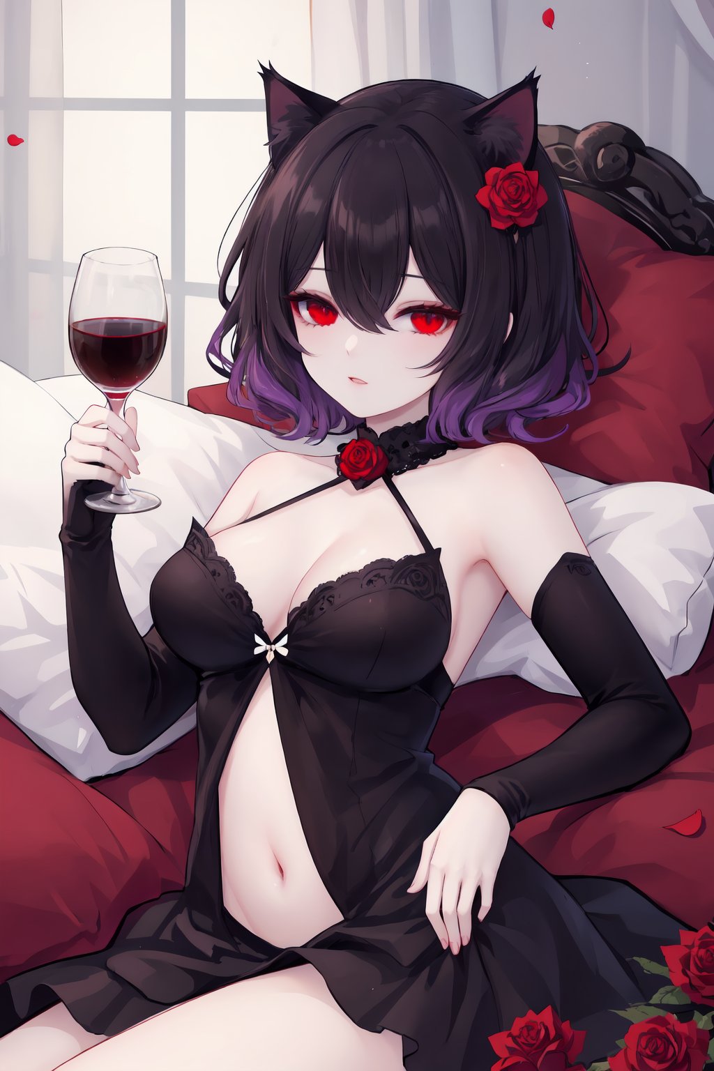 1girl,gloves,black cat,red eyes,black hair,lying,black gloves,solo,cup,elbow gloves,flower,on stomach,looking at viewer,short hair,petals,bare shoulders,rose,hair between eyes,rose petals,wine glass,red flower,bangs,hair ornament,bug,red rose,butterfly,pillow,black dress,breasts,purple hair,curtains,wine,she style,ths97f,65setutyh4,ae45ngol4,