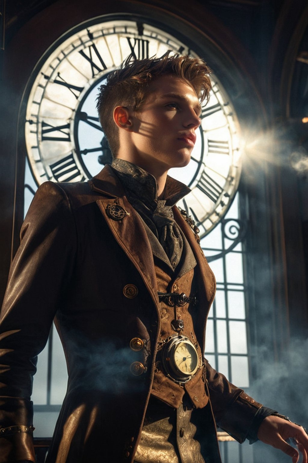 (1boy), the keeper of time, 21year old, arkane style steampunk fantasy, hi atop a steampunk clock tower, full body shot, mist, sun beams, ray tracing, light refraction, subject looking down, dark moody theme, male focus, steam in the air, highly detailed face, full lips, (multicolor components), otherworldly, (intricate details), highest quality, RAW, hyper detailed photorealistic, life-like, accurate, proportional, sharp focus, (accurate cinematic lighting), photorealistic detail, (selective focus:0.6)