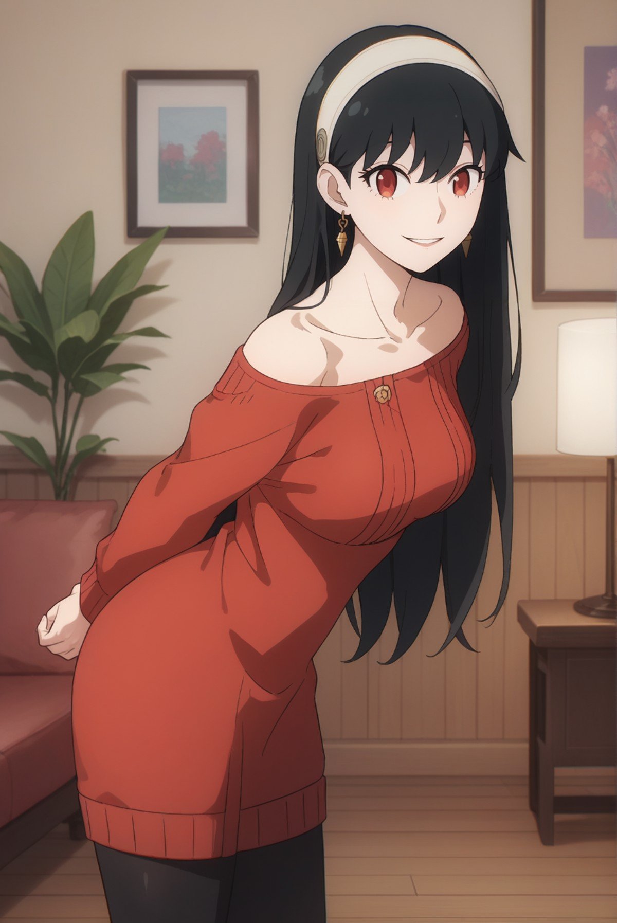 score_9, score_8_up, score_7_up, score_6_up, score_5_up, score_4_up, BREAK source_anime, 1girl, solo,<lora:SpyxFamilyYorXL-v1-07:0.7>, ChopioYor, black hair, red eyes, gold earrings, looking at viewer,long hair, straight hair, white hairband,medium breasts, (thick thighs:0.6), outfit_2, bare shoulders, collarbone, red sweater, sweater dress, long sleeves, sleeves past wrists, off-shoulder sweater, black leggings,living room, smile, parted lips, standing, legs, from side, arms behind back, leaning forward, 