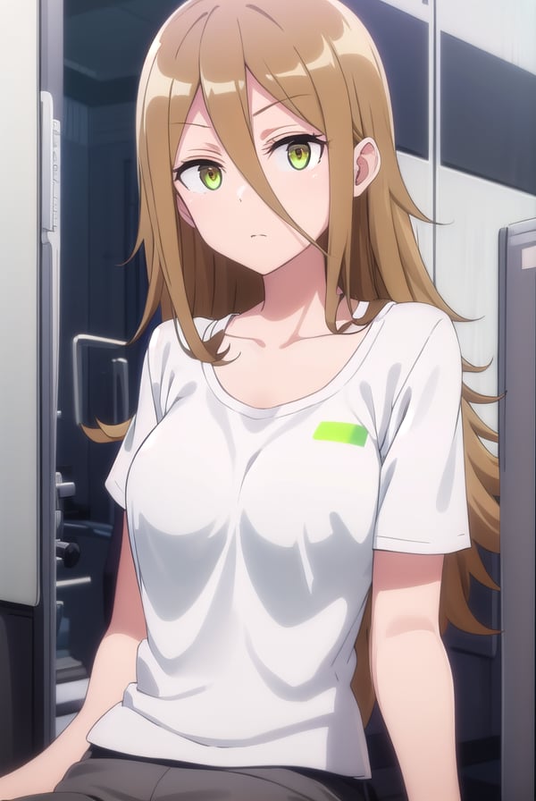 rumikaaina, <lora:rumika aina s1-lora-nochekaiser:1>,rumika aina, long hair, brown hair, hair between eyes, (green eyes:1.3),BREAK shirt, white shirt, collarbone, short sleeves, shorts, black shorts,BREAK indoors, gym,BREAK looking at viewer,BREAK <lyco:GoodHands-beta2:1>, (masterpiece:1.2), best quality, high resolution, unity 8k wallpaper, (illustration:0.8), (beautiful detailed eyes:1.6), extremely detailed face, perfect lighting, extremely detailed CG, (perfect hands, perfect anatomy), 