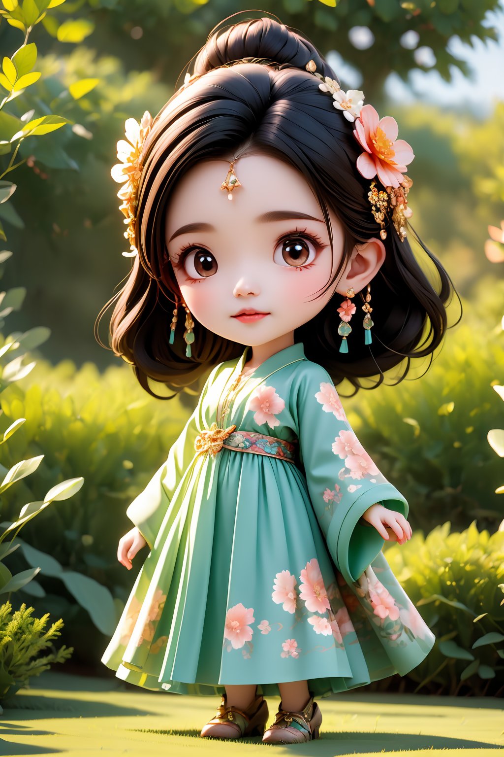 1girl, solo, hair ornament, chibi, black hair, hair flower, looking at viewer, jewelry, floral print, earrings, full body, brown eyes, wide sleeves, standing, outdoors, 