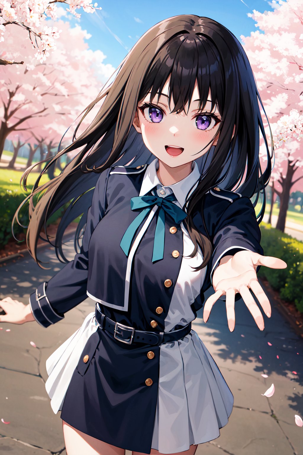 masterpiece, best quality, highres, aatakina, long hair, black hair, breasts, neck ribbon, collared shirt, lycoris uniform, two-tone dress, blue dress, grey dress, long sleeves, belt, <lora:inoue_takina_v1:0.7>, reaching out, cherry blossoms, outdoors, petals, standing, cowboy shot, smile, open mouth,