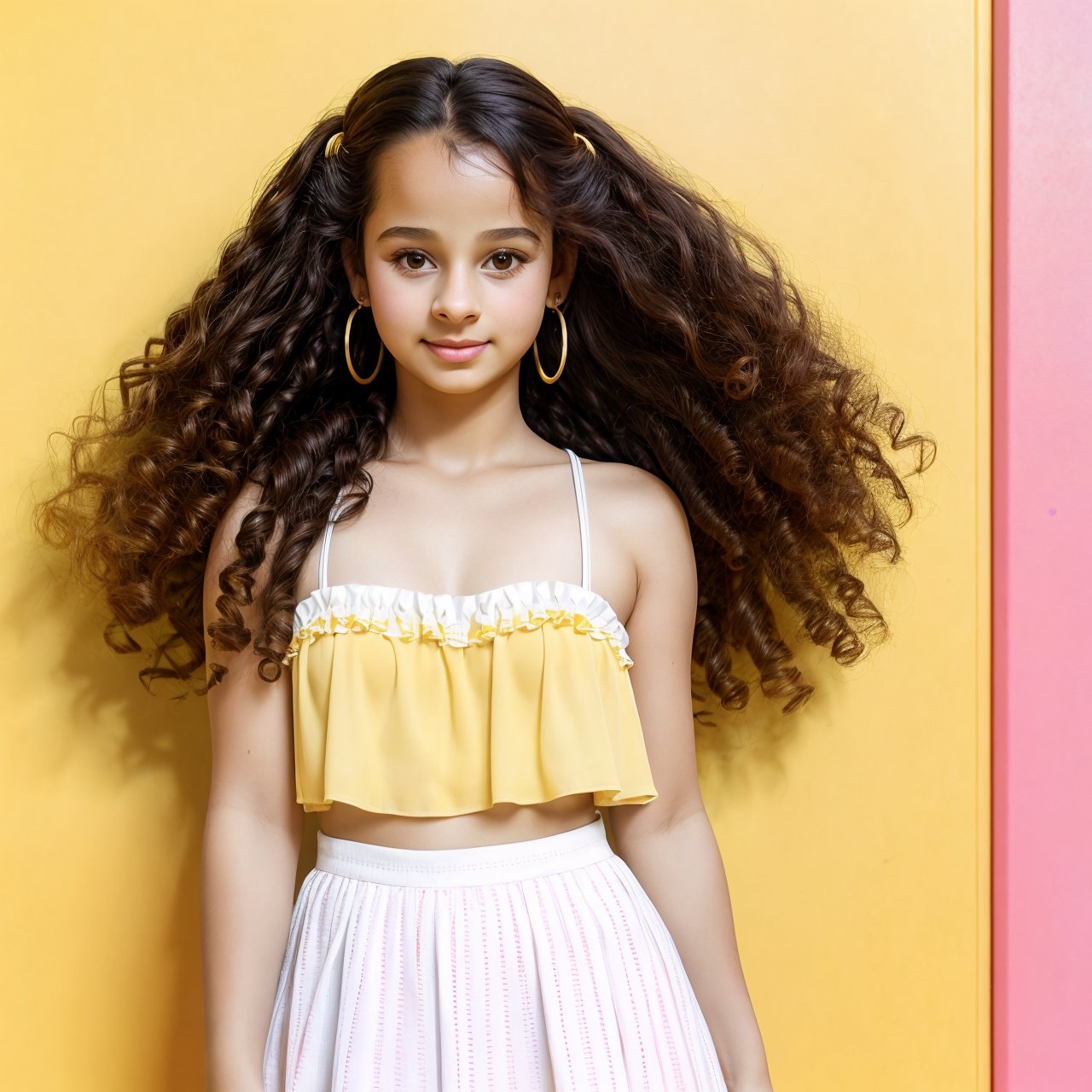 SFW, best quality, extra resolution, view from below of beautiful (AIDA_LoRA_SabiC:1.07) <lora:AIDA_LoRA_SabiC:0.71> standing next to the yellow wall with pattern, leaning on wall, pretty face, white dress, long curly hair, hair blown by the wind, golden earrings, parted lips, dramatic, hyper realistic, studio photo, kkw-ph1, hdr, f1.8