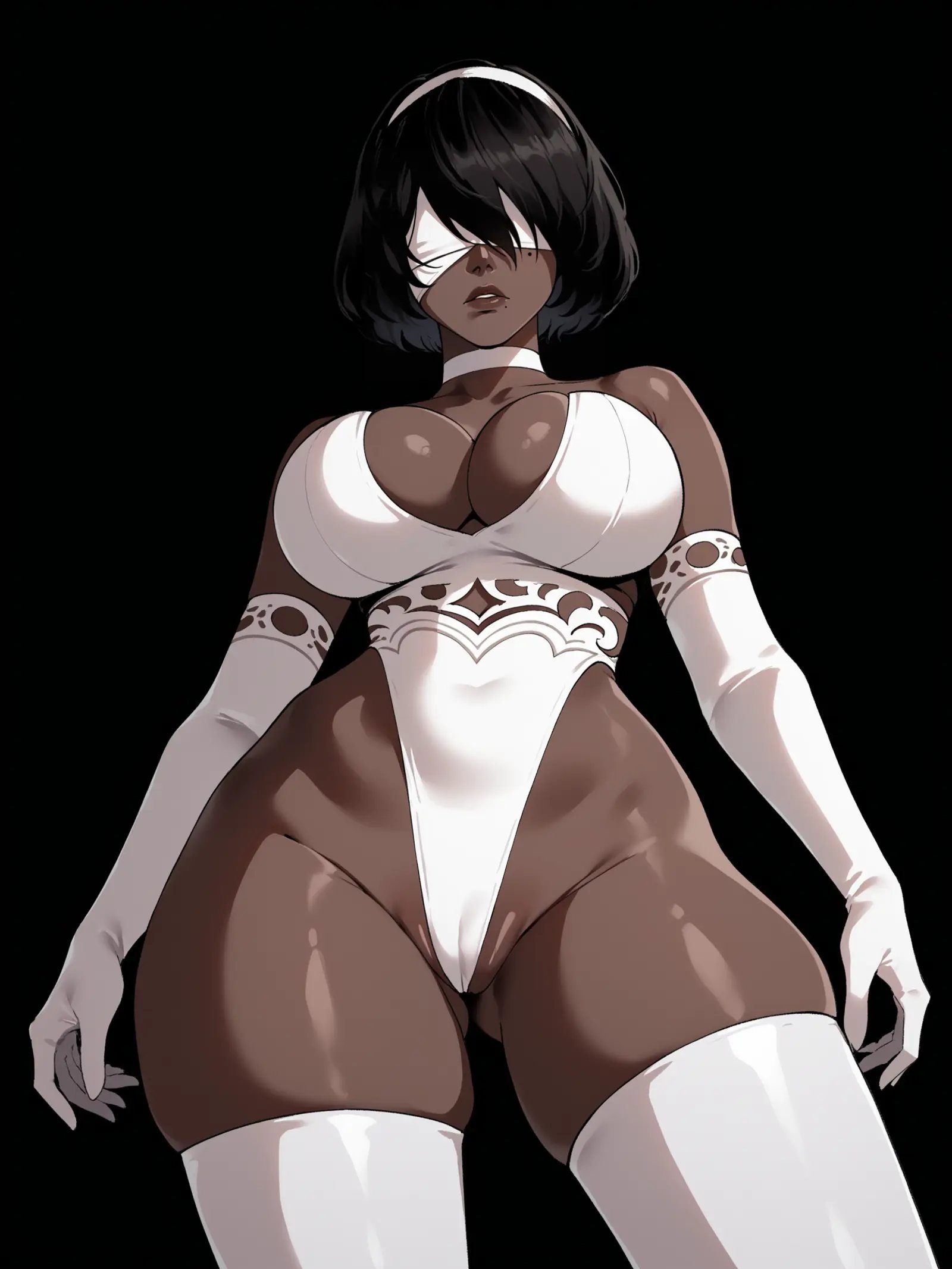 score_9, score_8_up, score_7_up, score_6_up, score_5_up, score_4_up, rating_safe,BREAK1girl, (dark skin:1.2), black skin, yorha no. 2 type b, (black hair:1.2), white blindflod, mole under mouthm white choker,BREAKstanding, huge breasts, skinny, white leotard, pussy peek, partially visible vulva, white elbow gloves, white thigh boots,BREAKblack background, dynamic angle, angled shot, shiny skin, <lora:Lunas-Nyantcha-Thiccwithaq-SDXL-A1:1>