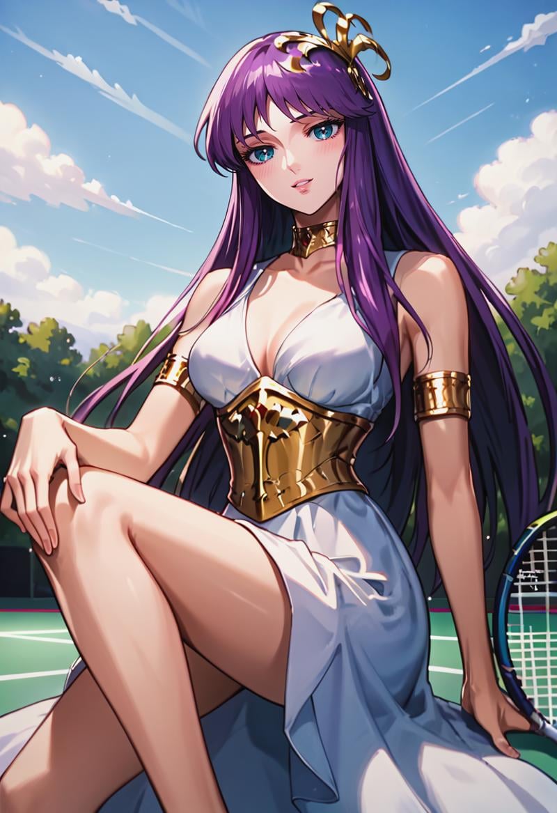 score_9, score_8_up, score_7_up, best quality, intricate details, source anime, rating explicit, BREAKPlacing hand on knee, love gaze, blush, parted lips, light smile, head tilt, athenakido, purple hair, long hair, aqua eyes, sleeveless dress, <lora:SaoriKido_Pony_v02-10:1> corset, armlet, crown, choker, Tennis court,