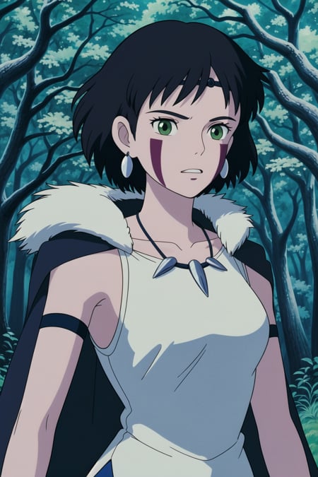 ghibli style, san \(mononoke hime\),1girl, armlet, bangs, black hair, black undershirt, breasts, cape, circlet, earrings, facepaint, floating hair, forest, fur cape, green eyes, jewelry, looking at viewer, medium breasts, nature, necklace, outdoors, parted bangs, shirt, short hair, sleeveless, sleeveless shirt, solo, tooth necklace, tree, upper body, white shirt, ((masterpiece))<lora:ghibli_style_offset:1>