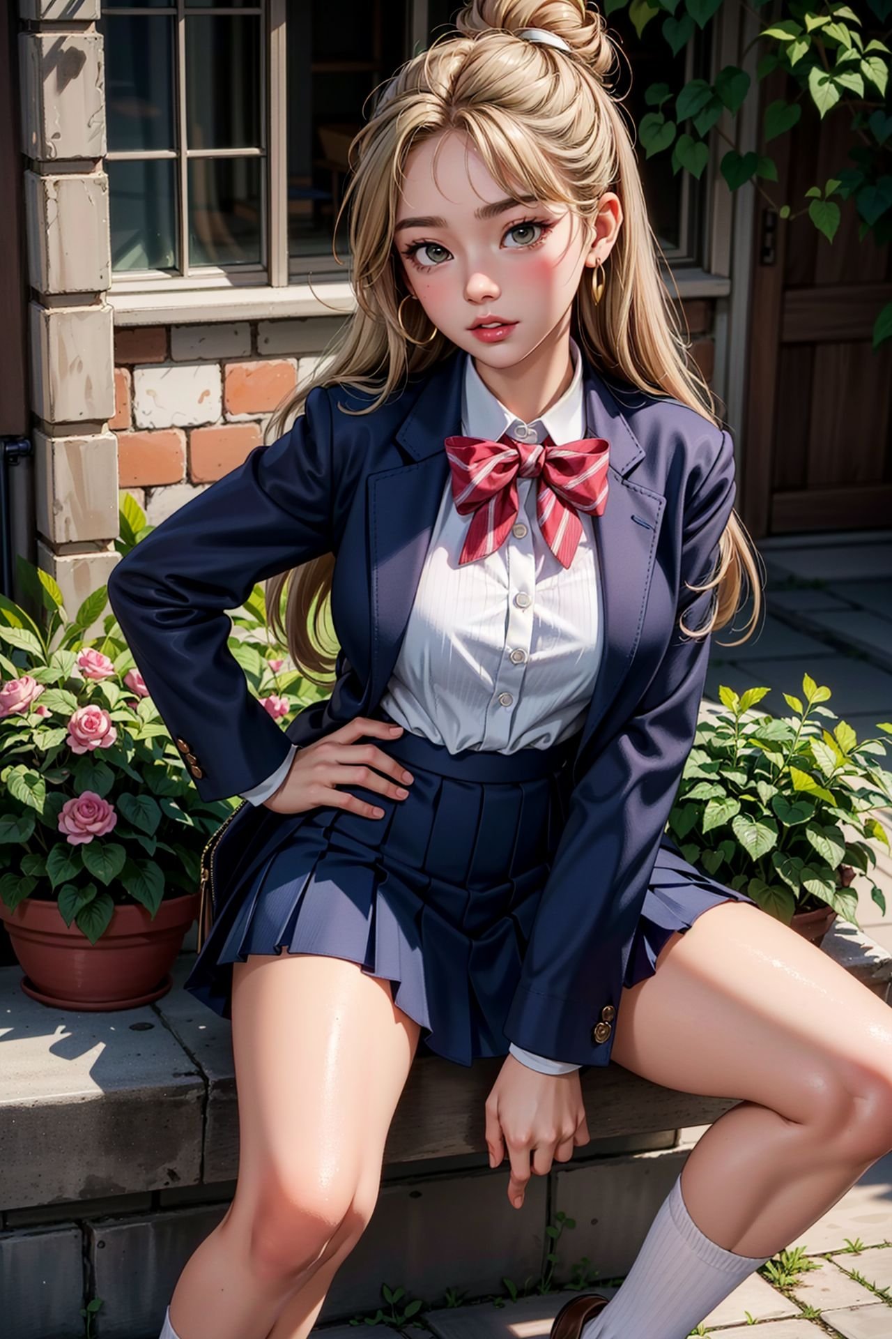 1girl, masterpiece, high quality, 8k, high resolution, perfect art, Navy blue blazer, white button-up shirt, red pleated skirt, knee-high socks, and leather loafers, Temptress, Tall, Fit, Round Face, Olive Skin, Honey Blonde Hair, hazel Eyes, Narrow Nose, Thick Lips, Round Chin, Long Hair, Thick Hair, Bun, saggy breasts, Faux gauge earrings, fuchsia metallic lipstick, Ivy League university campus