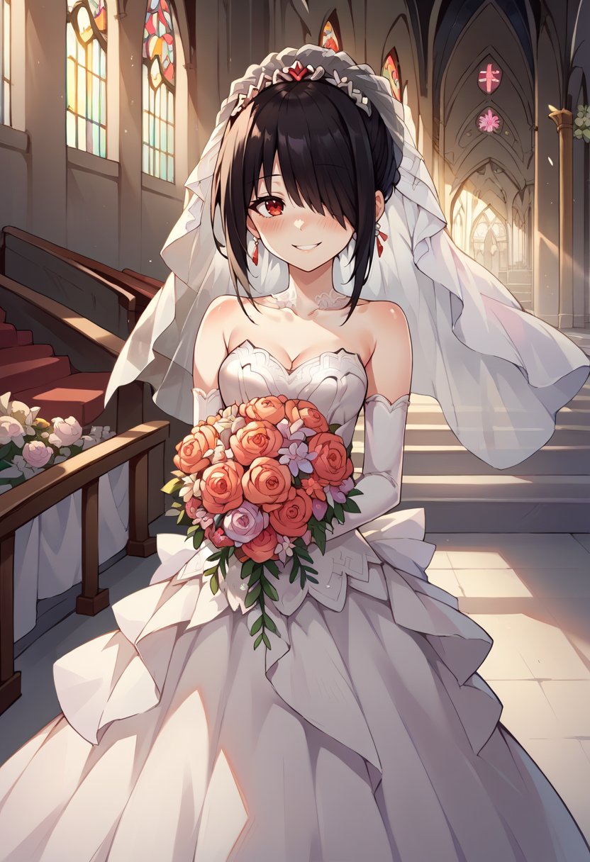 score_9, score_8_up, score_7_up, source_anime, KurumiWedding, black hair, hair over one eye, red eyes, bridal veil, wedding dress, elbow gloves, holding bouquet, flower bouquet, indoors, church, altar, smile, blush, <lora:ChamTokisakiKurumiPDXL:1>