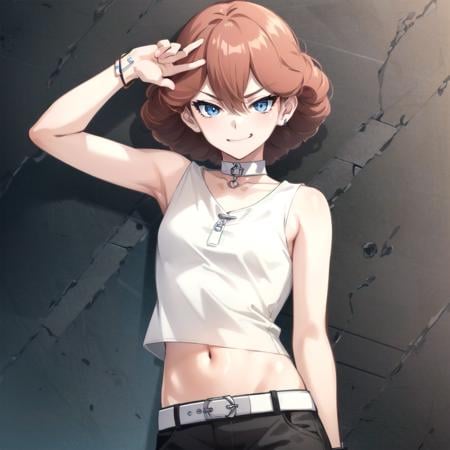 (masterpiece, best quality:1.5), <lyco:sophie_v1-000003:1.0>, sophie, blue eyes, brown hair, hair behind ear, hair between eyes, medium hair, orange hair, red hair, bangs, small breats, white belt, white shirt, black pants, midriff, navel, sleeveless, sleeveless shirt, belt, pants, collarbone, crop top, tank top jewelry, bracelet, bare arms, bare, shoulders, shirt, 1girl, solo, (smirk, naughty face, ruins, cityscape:1.2), looking at viewer, 