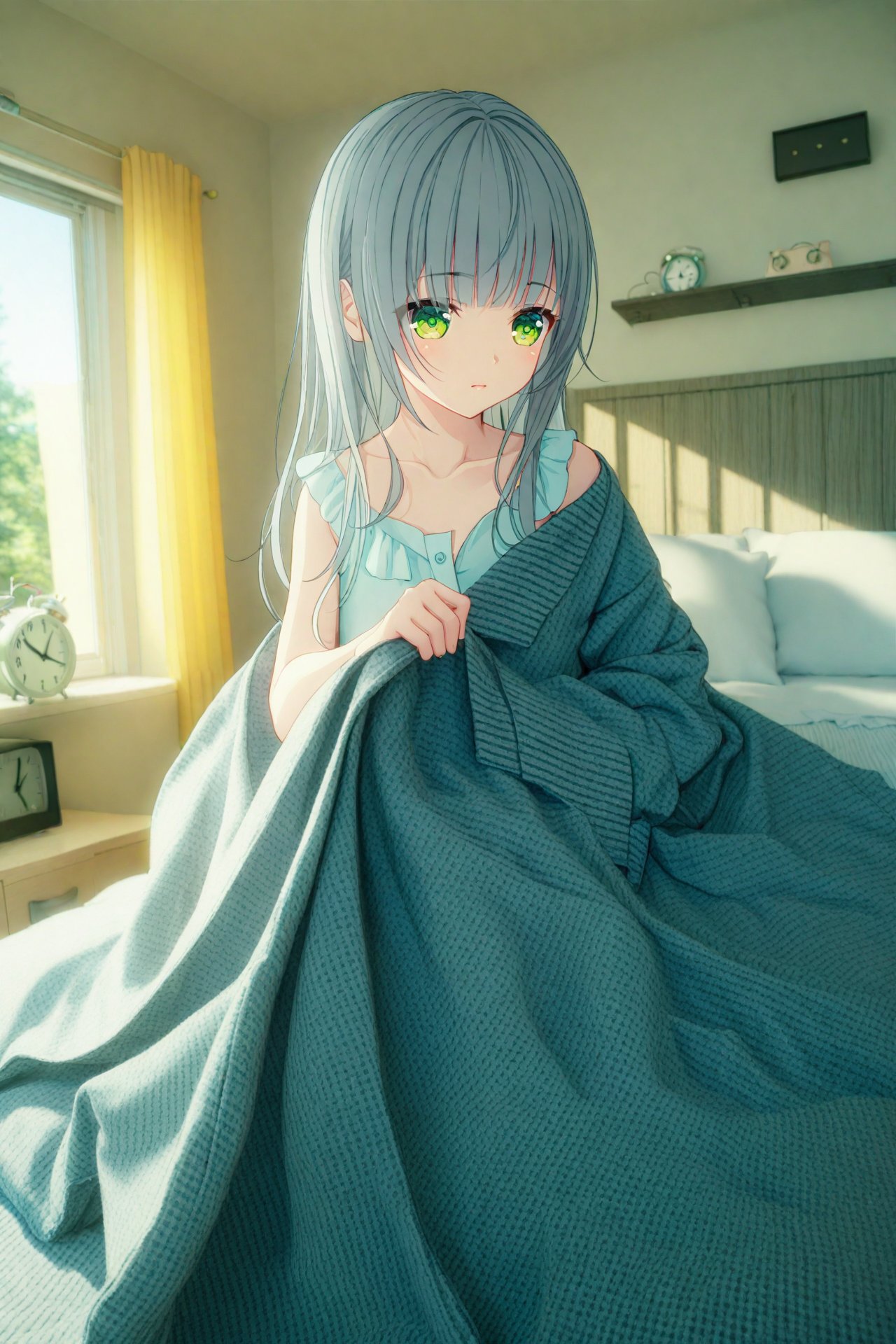 (masterpiece),(best quality),illustration,ultra detailed,hdr,Depth of field,(colorful),loli,1girl,clock,solo,alarm clock,under covers,green eyes,bed,long hair,pillow,indoors,sunlight,curtains,pajamas,grey hair,blanket,window,collarbone,bangs,