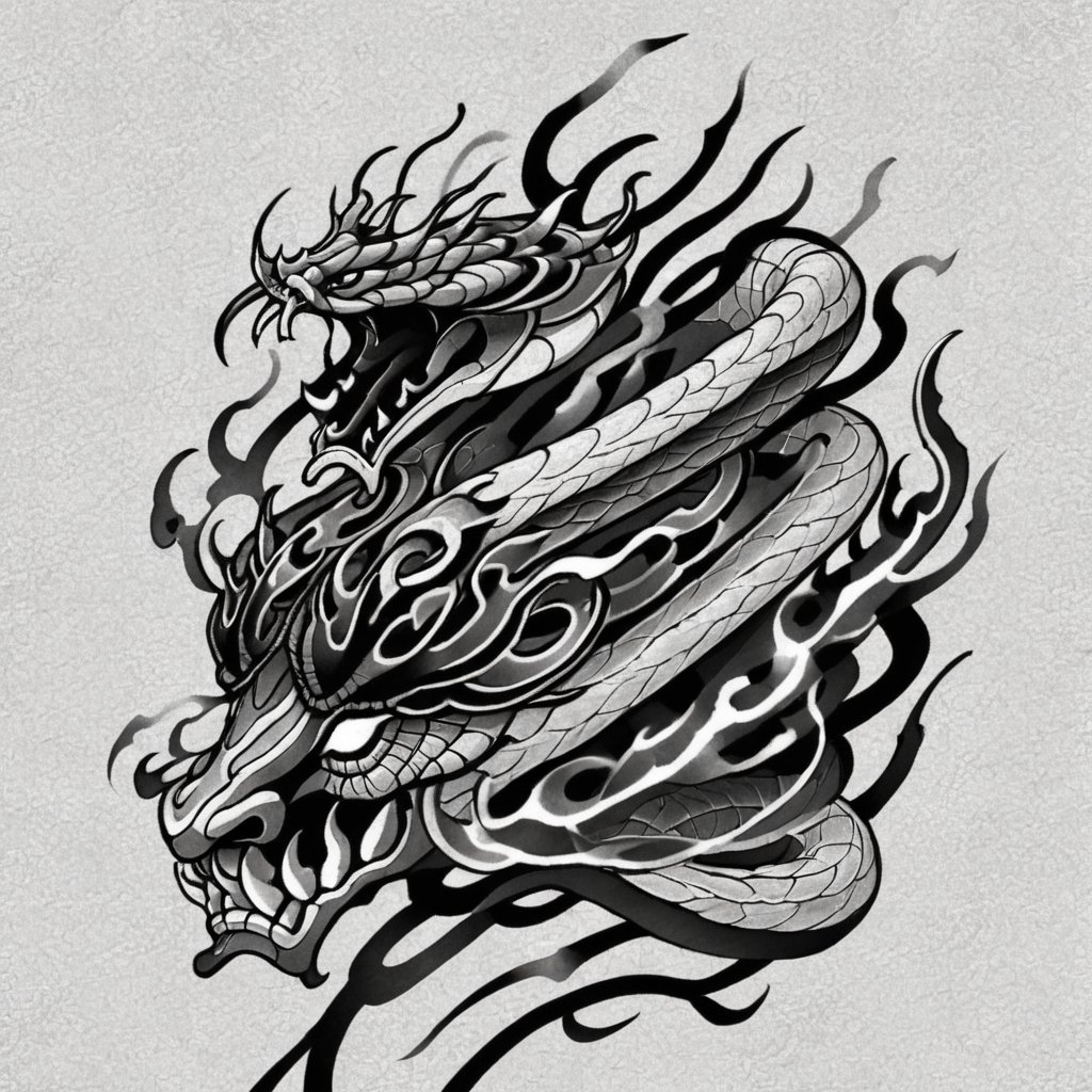 <lora:1y0n:0.8>1y0n beast flames snake, monochrome, tattoo design