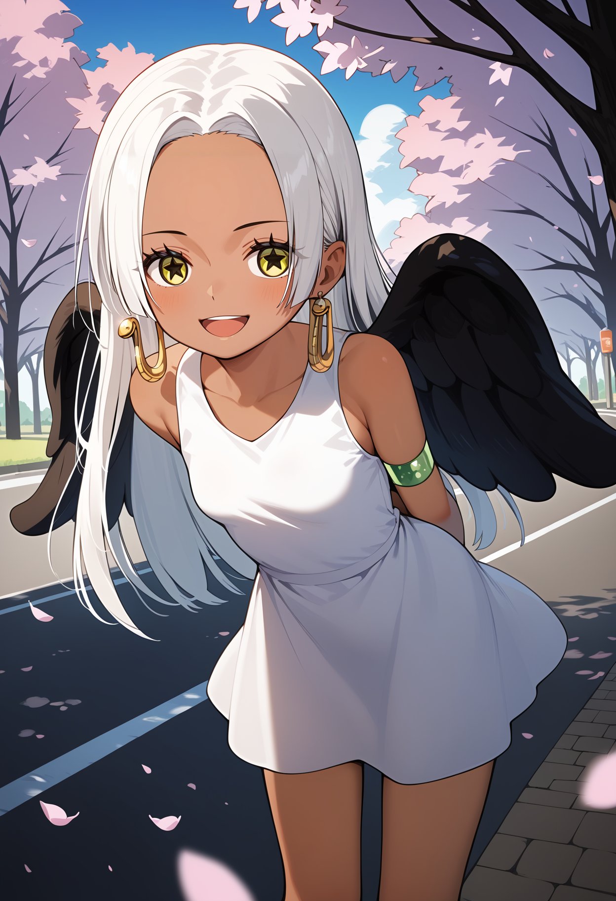 score_9, score_8_up, score_7_up, score_6_up, score_5_up, score_4_up, source_anime, aasnake, long hair, white hair, dark skin, earrings, yellow eyes, symbol-shaped pupils, black wings, small breasts. sundress, white dress, sleeveless, armlet, <lora:s-snake_ponyxl_v1:0.9>, arms behind back, leaning forward, standing, outdoors, road, park, open mouth, cherry blossoms, smile,