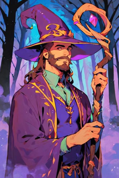 score_9, score_8_up, score_7_up, rating_safe, rainbow style, vibrant colors, vivid colors, 1boy, solo, male focus, mature male, wizard, long hair, brown hair, black eyes, looking at viewer, hat, facial hair, beard, mustache, staff, wizard hat, purple hat, shirt, collared shirt, robe, purple robe, cloak, holding, holding staff, upper body, standing, outdoors, forest, nature, tree, fog, dark background <lora:Rainbow Style SDXL_LoRA_Pony Diffusion V6 XL:0.8>